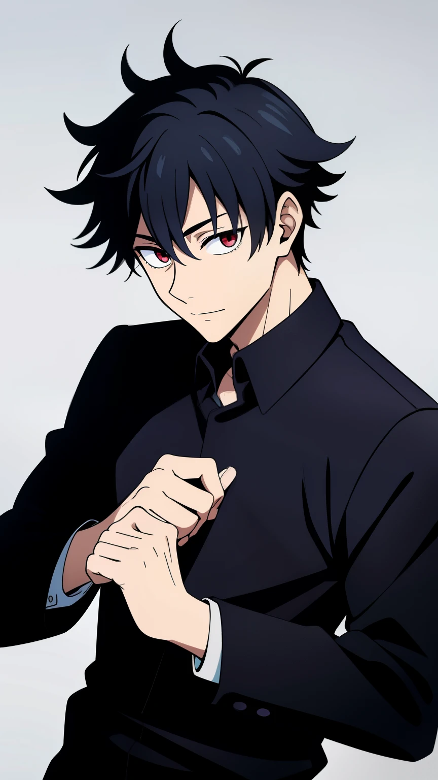 (high-quality, breathtaking),(expressive eyes, perfect face) 1boy, male, solo, teenager, black hair, red eye color, medium hair length, looking at viewer, half body, bright smile, kind face, calm expression, tanned skin, dark black blue long sleeved shirt, collared shirt, dark black blue pants, jujutsu kaisen uniform, jujutsu high school uniform wavy hair, grey background, portrait,
