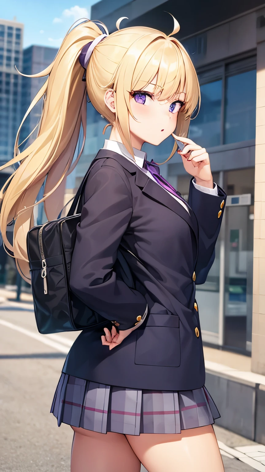 Girl, ponytail hair, blonde hair, purple eyes, cute girl, high school uniform, hot girl, city
