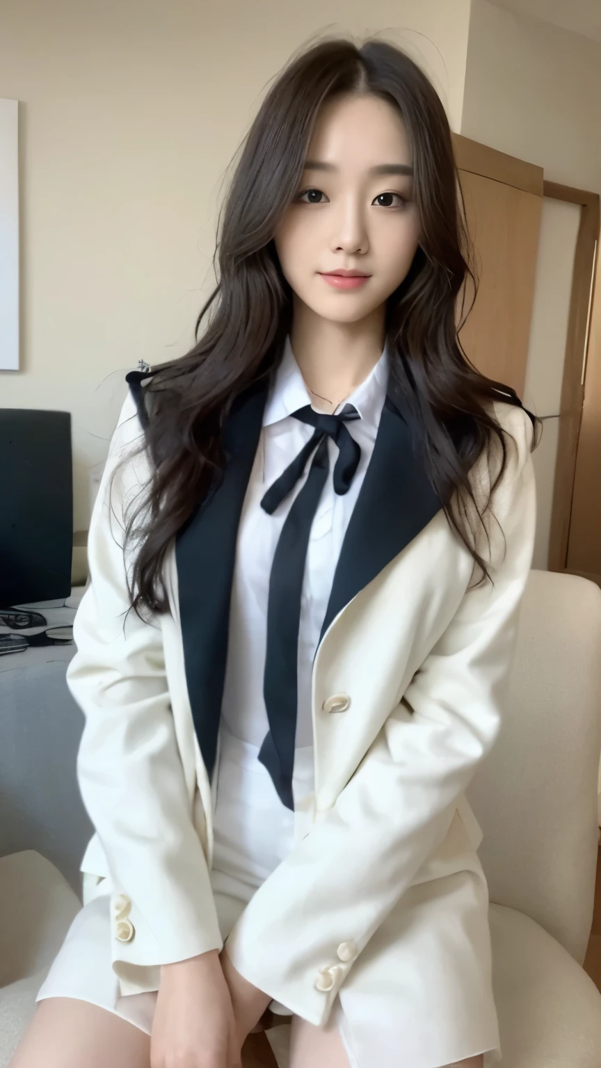 ((top-quality、8k、​masterpiece:1.3))、Beautiful woman with perfect body:1.4、slim abdomen:1.2、Longhair, normal breast, Highly detailed facial and skin texture, A detailed eye, delicate eyes, double eyelid, (smile), (full body shot), ((office)), (sitting on chair), ((wearing wwhite uniform with black coat 1.1)), looking in front