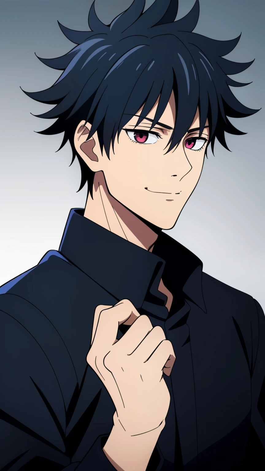 (high-quality, breathtaking),(expressive eyes, perfect face) 1boy, male, solo, teenager, black hair, red eye color, medium hair length, looking at viewer, half body, bright smile, kind face, calm expression, tanned skin, dark black blue long sleeved shirt, collared shirt, dark black blue pants, jujutsu kaisen uniform, jujutsu high school uniform, wavy hair, grey background, portrait, Itadori
