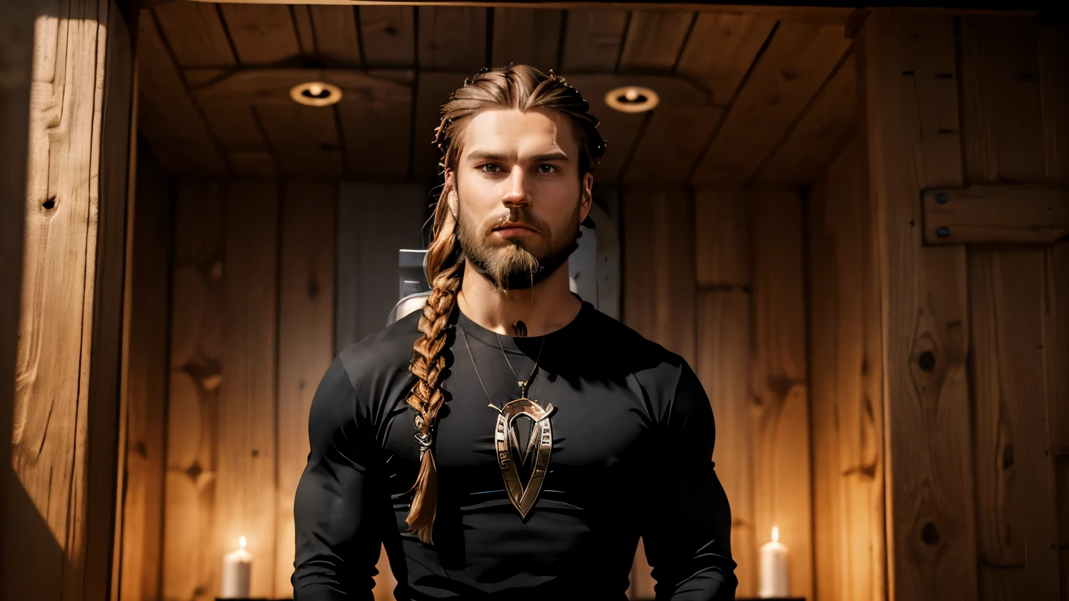 1 male, 27 years old, (long Viking-style braided hair:1.3), Viking beard, wearing a (black long-sleeve tee:1.1), (Mexican descent:1.1), dark-brown hair, facing the viewer, centered towards the viewer, fit, athletic, thick eyebrows