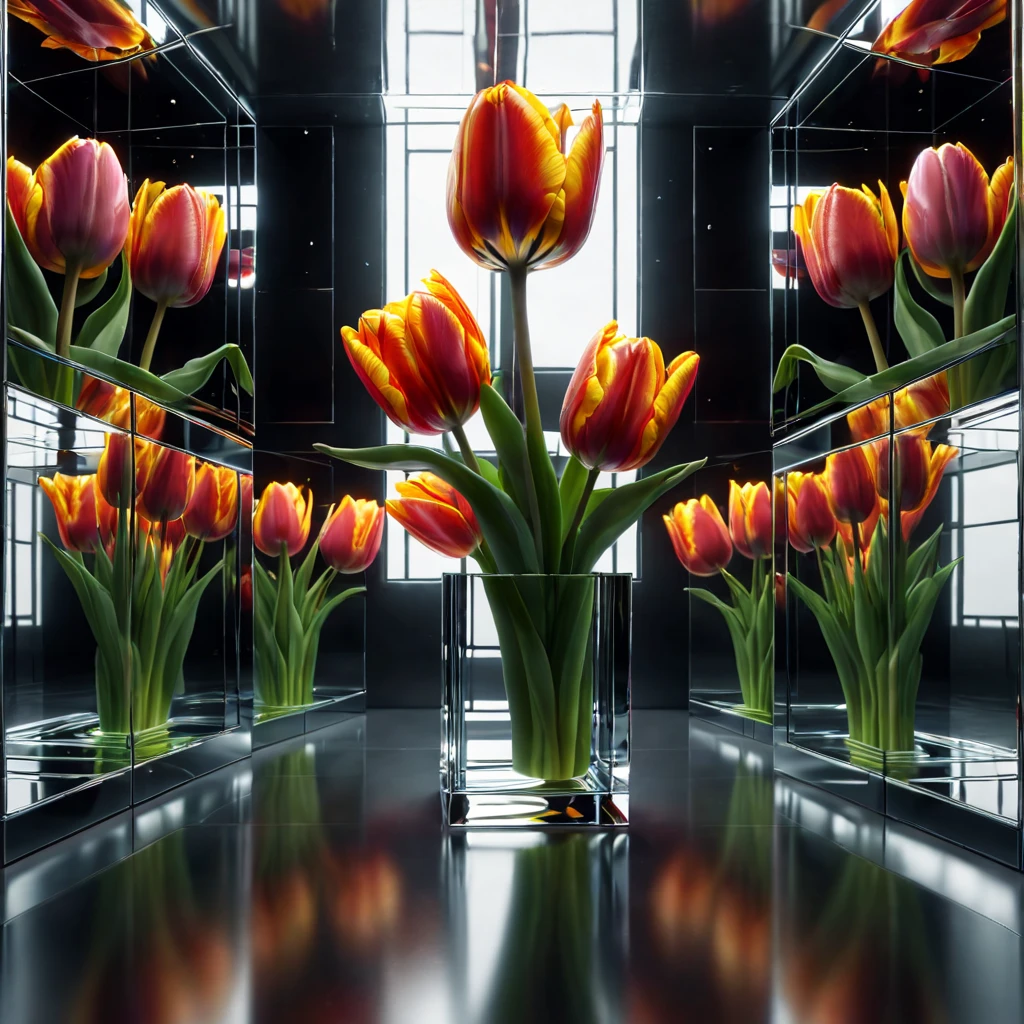 Reflective Art .Inside the cube with mirrored walls there is a vase with three tulips. Flowers are reflected in all the mirrors. The focus of the shooting is on reflections. octane rendering. High Resolution, High Quality, Masterpiece