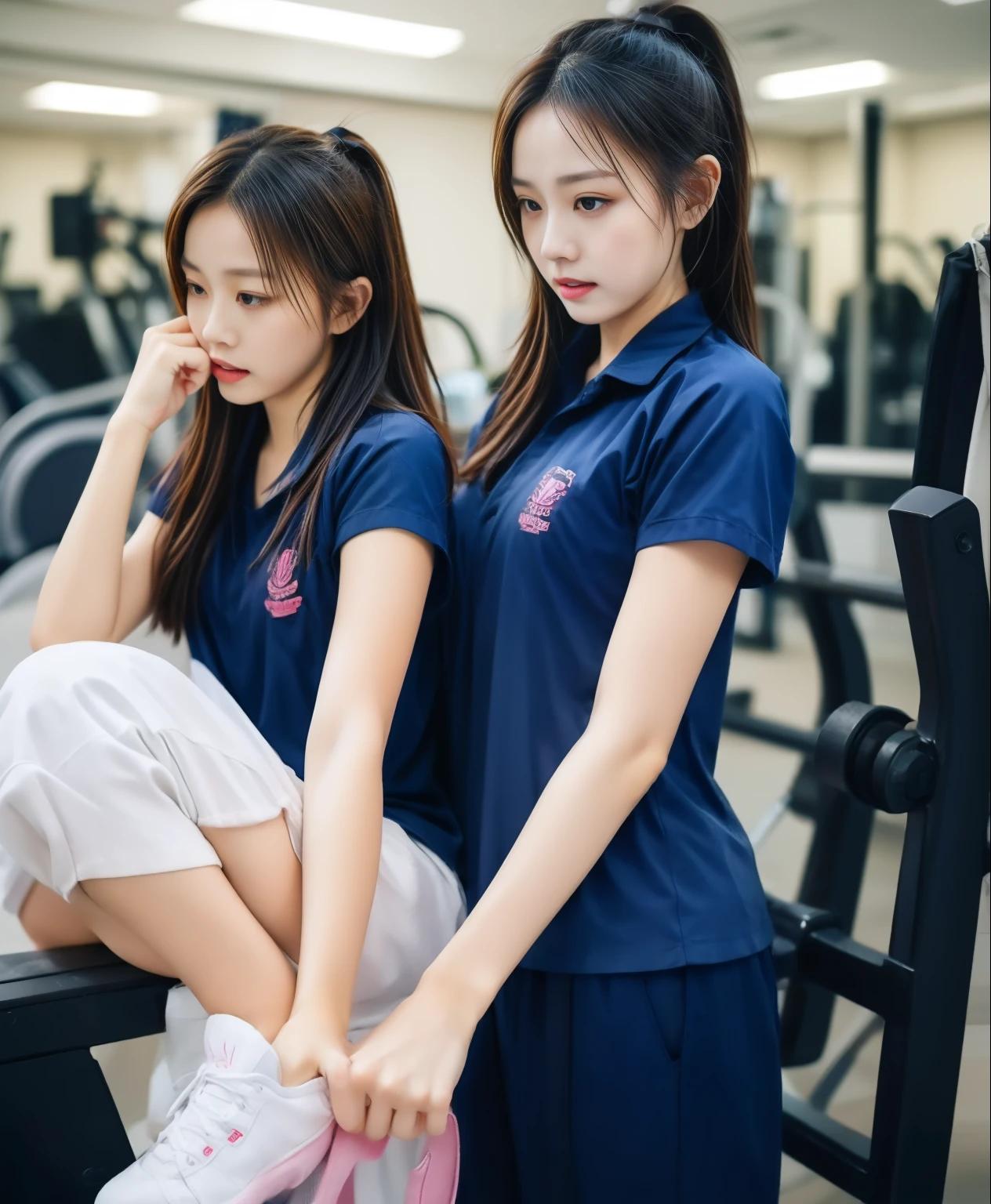 2 girls in fitness center, Blue short sleeve shirt,Sweatpantsขายาวสีกรมท่า,Sweatpants, Sweatpantsขายาว,25 year old girl, lesbian, sexy, wet body, exercise clothes
