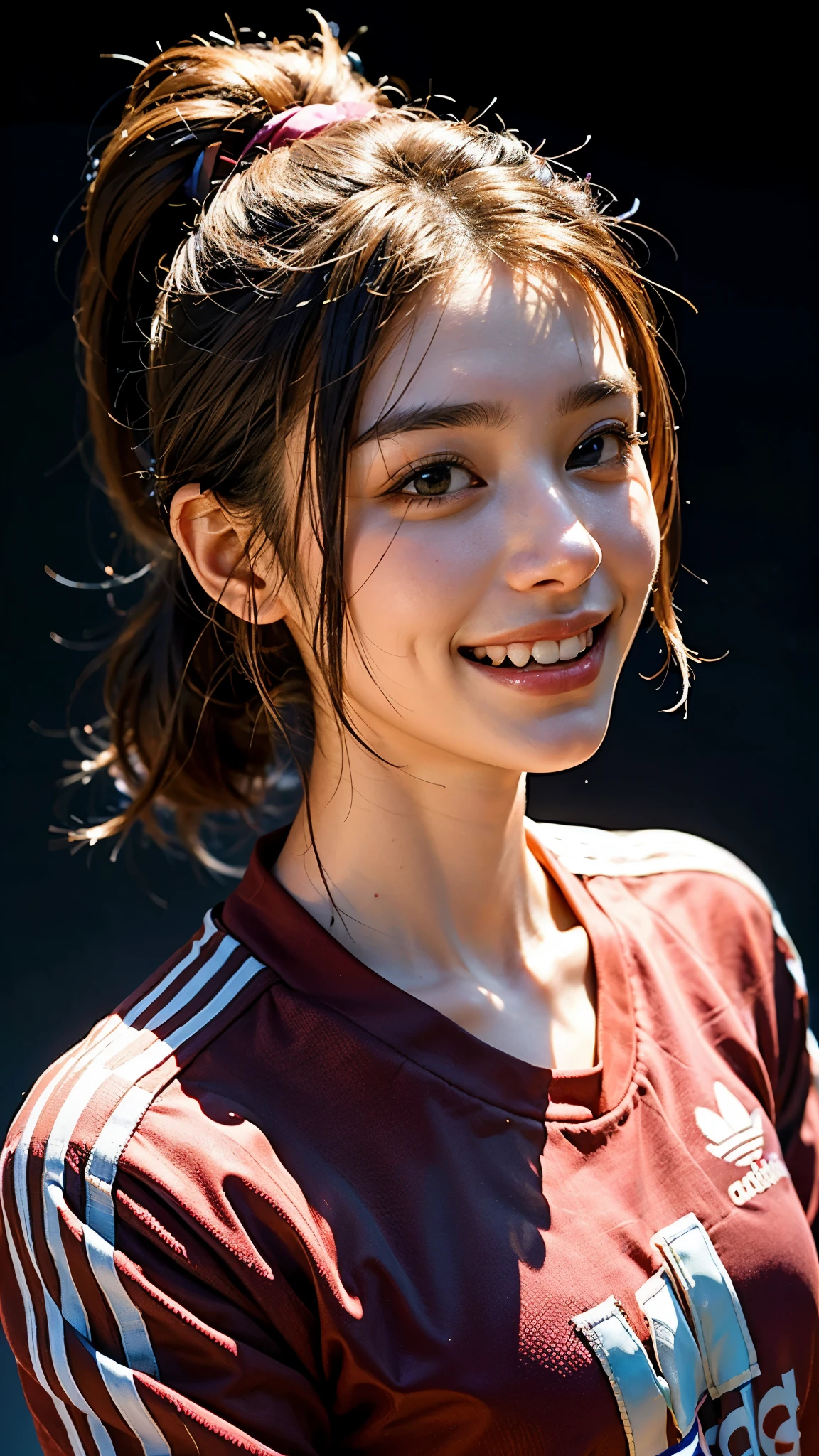 highest quality, masterpiece, ultra high resolution, (realistic:1.4), (portrait facing each other) RAW photo, 1 girl, 20-year-old,((adidas jersey)),((ponytail and hair tie)),((look up at the audience)),realistic,((solid color random background)), picture media chest)),((toothy smile)),