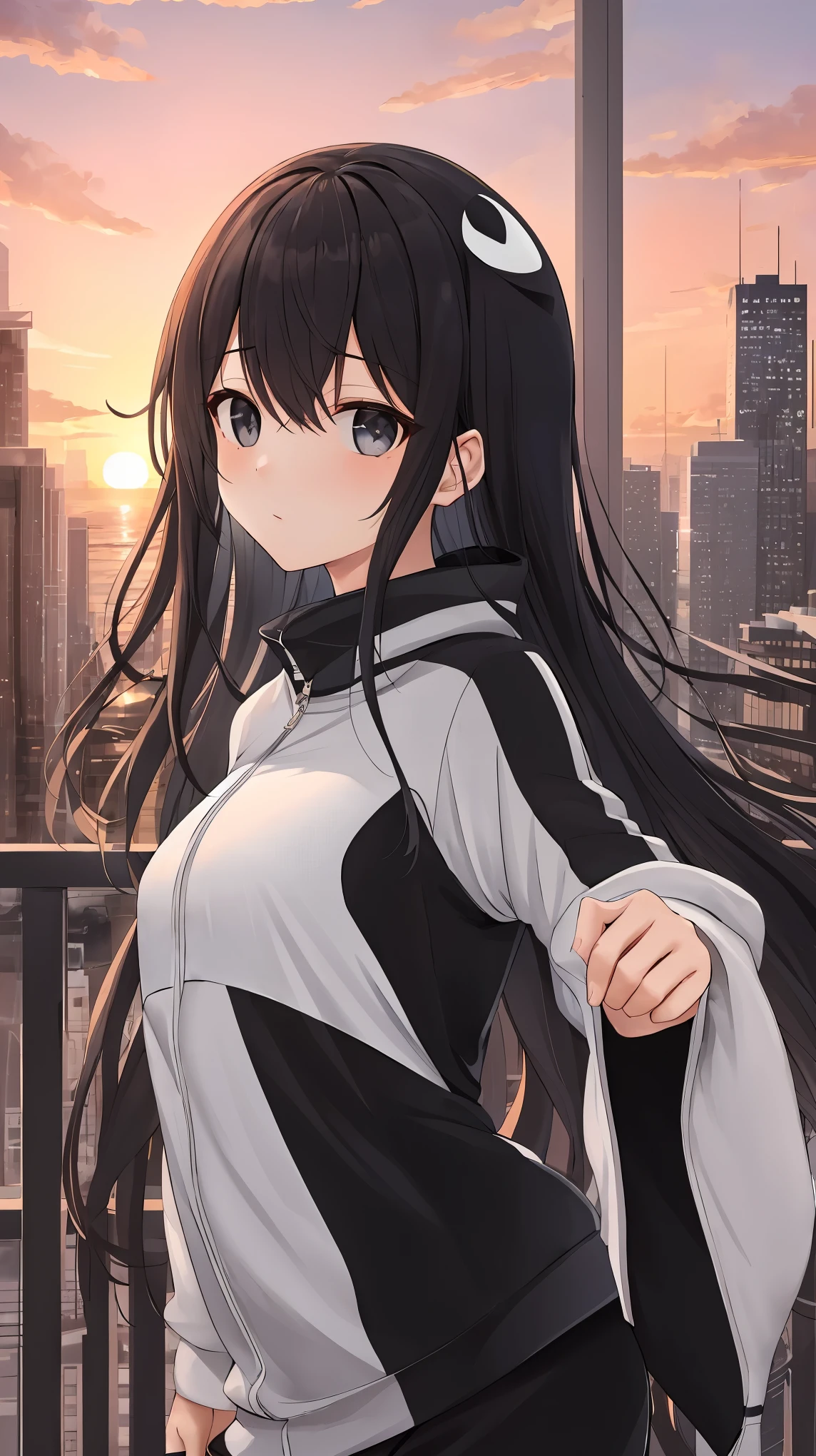(masterpiece), best quality, expressive eyes, perfect face, orca girl, orca tail, long hair, whitish black hair, whitish black eyes, whitish black tracksuit, city, sunset, beautiful view, aesthetic