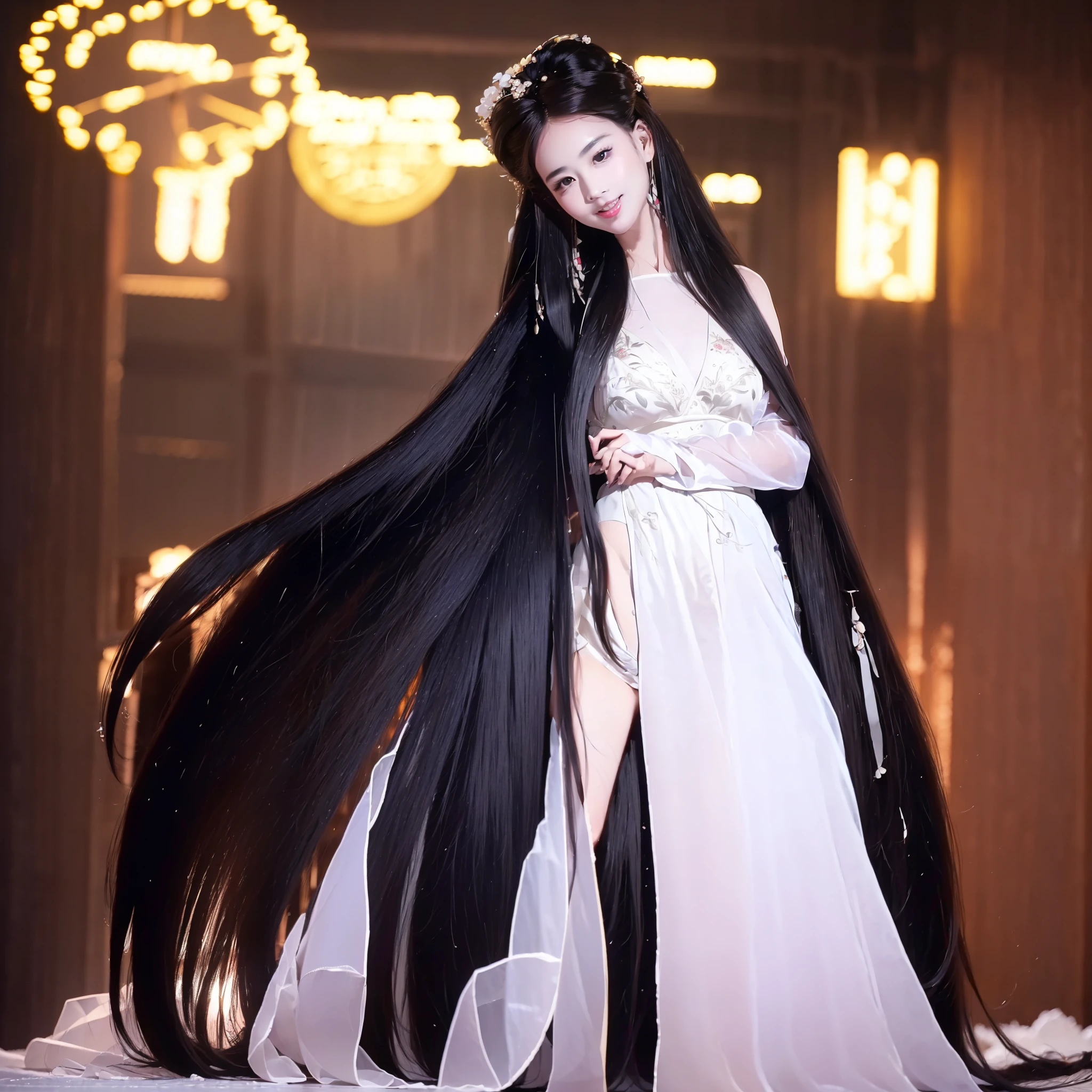 ((best image quality,highest quality,highest resolution,Super realisticな写真撮影,8k,full body photo,1 girl,very beautiful face,Super Super Long Hair,hair length about 5 meters,straight black hair,Black hair longer than my height,Black hair that hasn&#39;t been cut in over 20 years,slender body,white underwear or naked,Put it on the bed,World long hair contest winner,World beauty contest winner,full body real photo,head to toe photo,Photographed from approximately 4 meters away,Super realistic,stand up straight,both hands,2 feet,five fingers,))Super realistic、both hands、2 feet、five fingers、longest black hair in the world、My hair is heavy and I&#39;m tired、hair longer than rapunzel、very large amount of hair、She has very long black hair that covers her entire body.、Hair that is shampooed every day is very beautiful、The scent of sexy hair like roses、i have very long black hair、my charm is、i have very long black hair、Long black hair is a symbol of beauty、My pride is very long black hair、This long hair length and volume is admired all over the world、Very long black hair spread out in a fan shape、backwards、sleep on your stomach、Smooth black hair cascading down from head to floor、I always walk with my long black hair dragging、Her long hair is loose and her 5 meter long black hair fills the screen.、seductive smile、 Turning her back to show her long hair、The location is on the bed、
