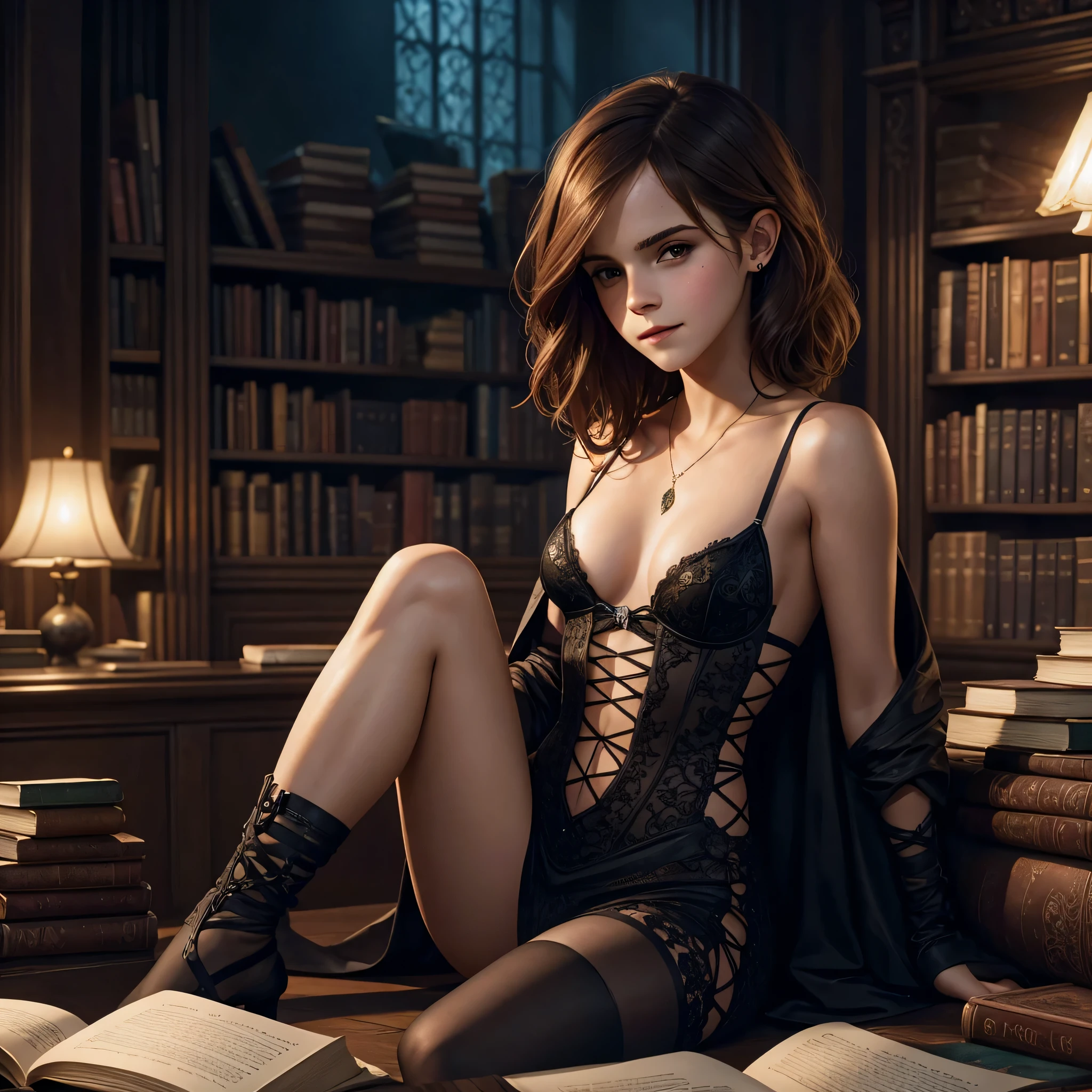 Emma Watson, sexy prostitute outfits, studies in the Hogwarts library, sitting at a table in front of a pile of books, short wavy hair, instagram pose, full body, complex, seductress, smiling, small breasts, at night, Highly detailed, digital painting, ArtStation, Concept art, smooth, sharp focus, illustration, Illustration by Wlop, Charlie Bowater and Alexandra Fomina