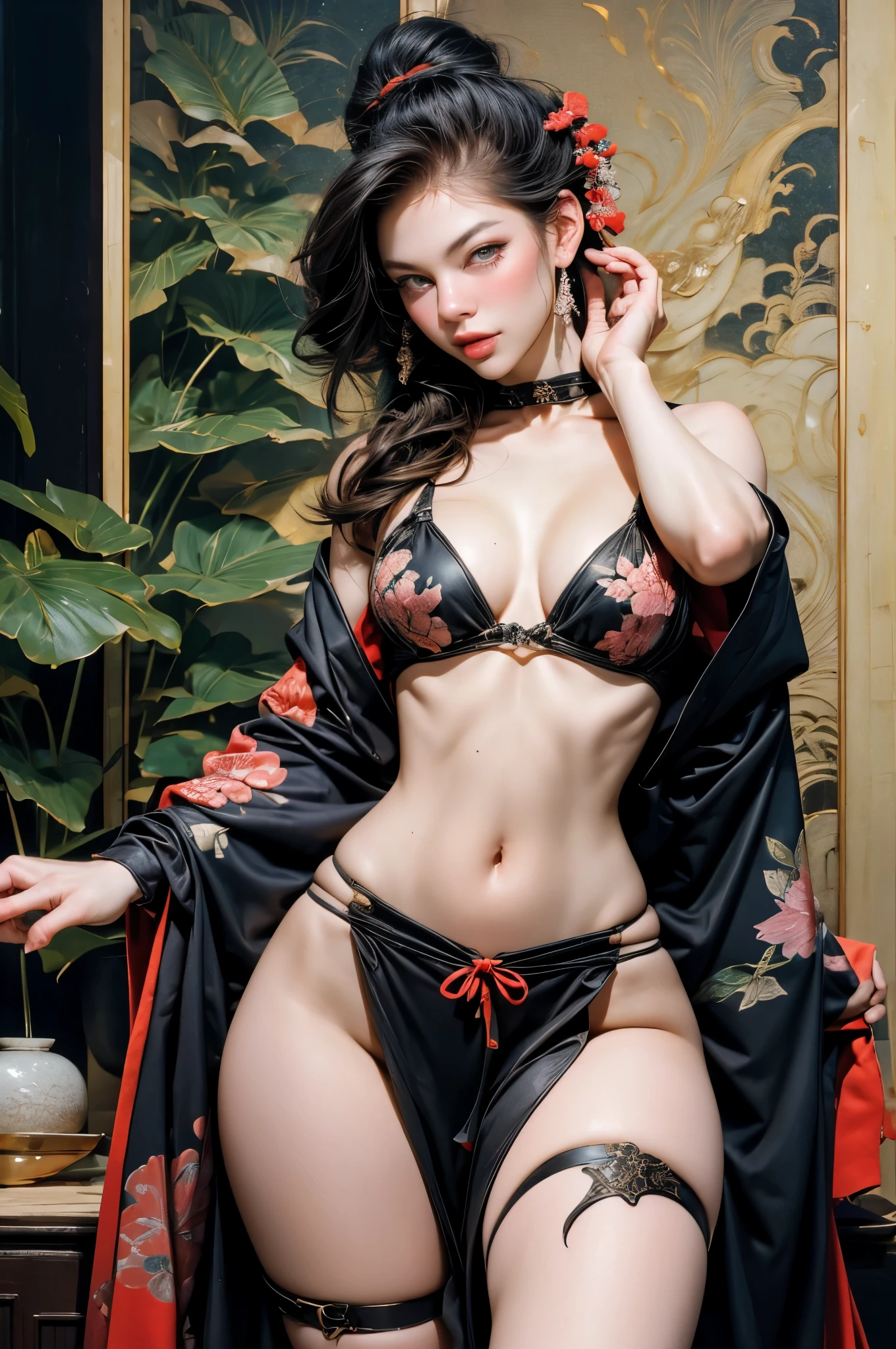 Umalinda warrior sexy, pretty face, Delicious Company, Alluring figure, Wearing a sexy open kimono. The artwork is created in a medium reminiscent of Japanese ink paintings....., 具有大胆的笔触和Monochromatic color palette. artist'Masterful technique reveals the intensity and power of the image'sense of presence,with the highest quality, Perfectly capture every detail with ultra-high resolution. Textures and intricate patterns on kimonos are rendered with extreme precision. Lighting is carefully designed,Enhance drama, Features deep shadows and subtle highlights. General, The artwork exudes elegance and power, Combining traditional Japanese aesthetics with a modern feel. Monochromatic color palette, Combine details, Create captivating and immersive experiences for your audience.