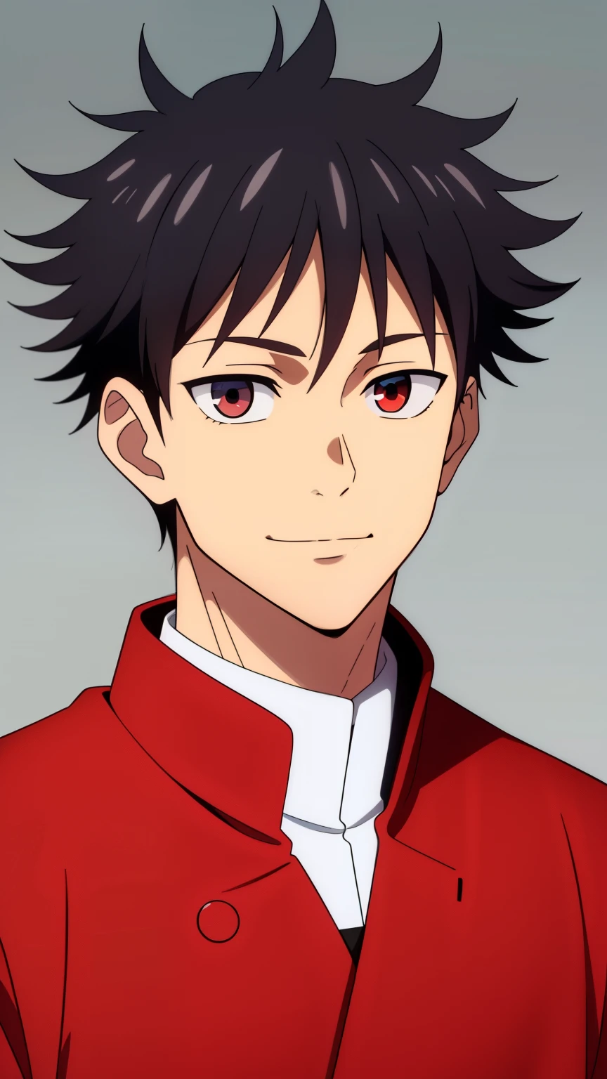 (high-quality, breathtaking),(expressive eyes, perfect face) 1boy, male, solo, teenager, black hair, red eye color, medium hair length, looking at viewer, half body, bright smile, kind face, calm expression, tanned skin, dark black blue long sleeved shirt, collared shirt, dark black blue pants, jujutsu kaisen uniform, jujutsu high school uniform, wavy hair, grey background, portrait
