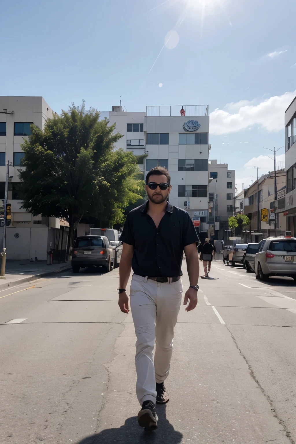 Image description:
Un hombre, about 30 years old, camina por una calle de Iquique. The sun is shining brightly and the sky is clear. El hombre lleva una camisa blanca remangada, pantalones vaqueros y zapatos marrones. Camina con paso ligero y parece estar disfrutando del sol.
Primer plano: El hombre ocupa el centro de la imagen. His face is in profile and he looks serious.
Plano medio: Se ve la calle por la que camina el hombre. Hay edificios a ambos lados de la calle.
Fondo: Se ve el mar al final de la calle.
Detalles:
The man wears a watch on his left wrist.
He has a small beard.
Hay una bandada de palomas volando sobre su cabeza.
Se ve un perro olfateando la basura en la acera.
Posibles emociones:
The man could be feeling happiness by being in Iquique.
You could be feeling nostalgic for the memories you have of the city.
You might be curious to explore the city.