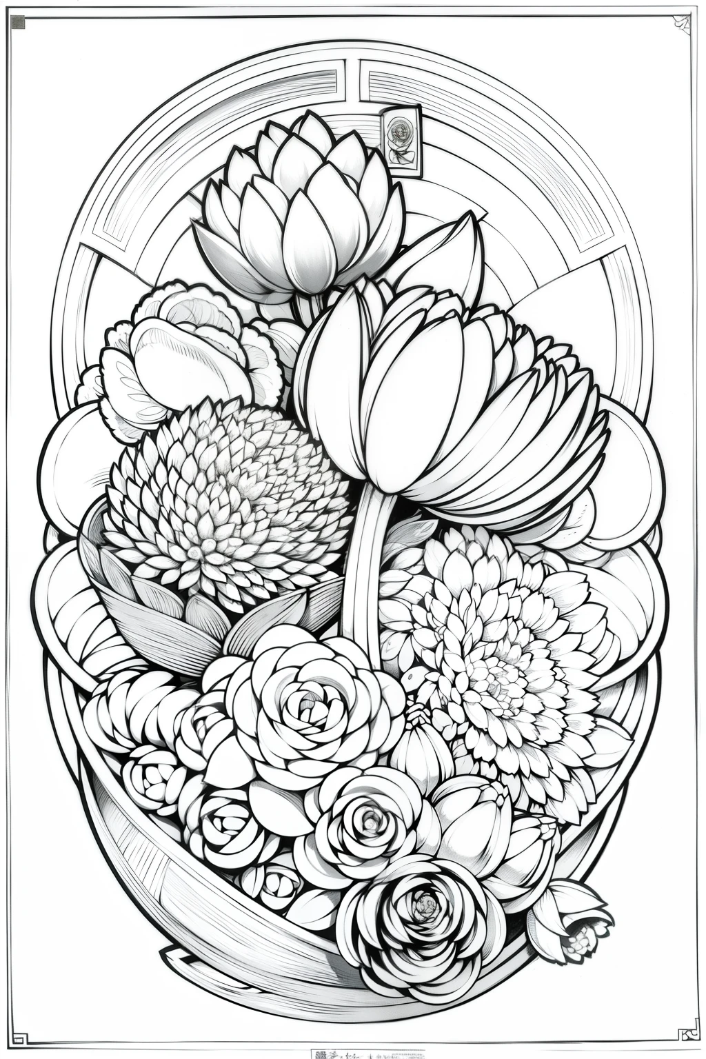 lots of flowers flowers，Various flowers including roses, tulips, peonies, etc.，Vivid and beautiful，There are big and small，Flowers are laid out，concise、Meticulous intersection、high contrast、Dynamic line work，Featuring vintage images，black、woodblock、hollow、woodblock风格
