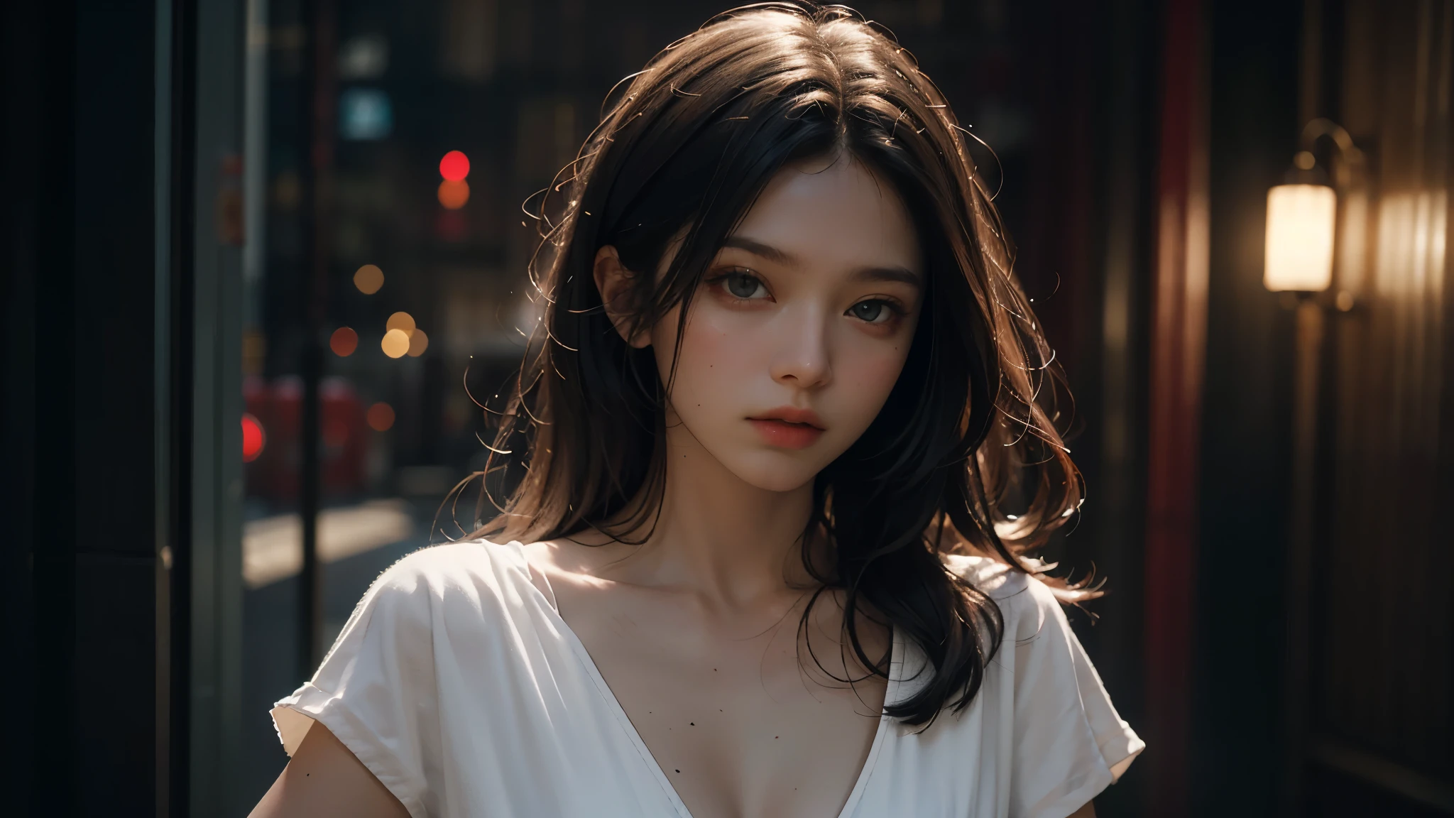 Best quality, masterpiece, ultra high res, (photorealistic:1.4), raw photo, 1girl, white night gown, cinematic lighting, half body view, half body shot