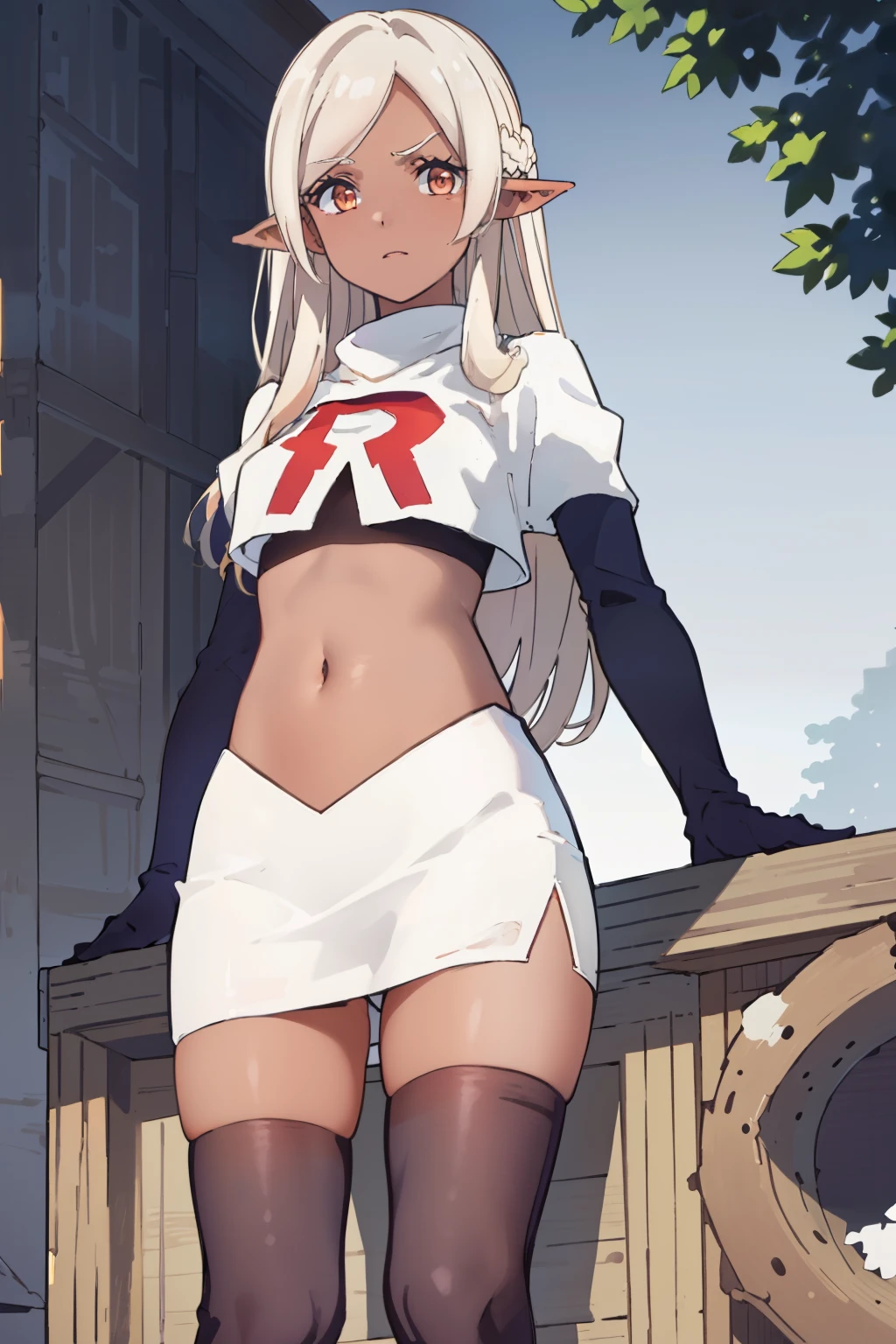 best quality, masterpiece, highly detailed,
yaa,
solo,
dark skin, blonde hair, long hair, orange eyes, pointy ears, hairband, small breasts,
team rocket,team rocket uniform, red letter R, white skirt,white crop top,black thigh-highs,black elbow gloves
looking at the viewer,
outdoors, tree, house, wood