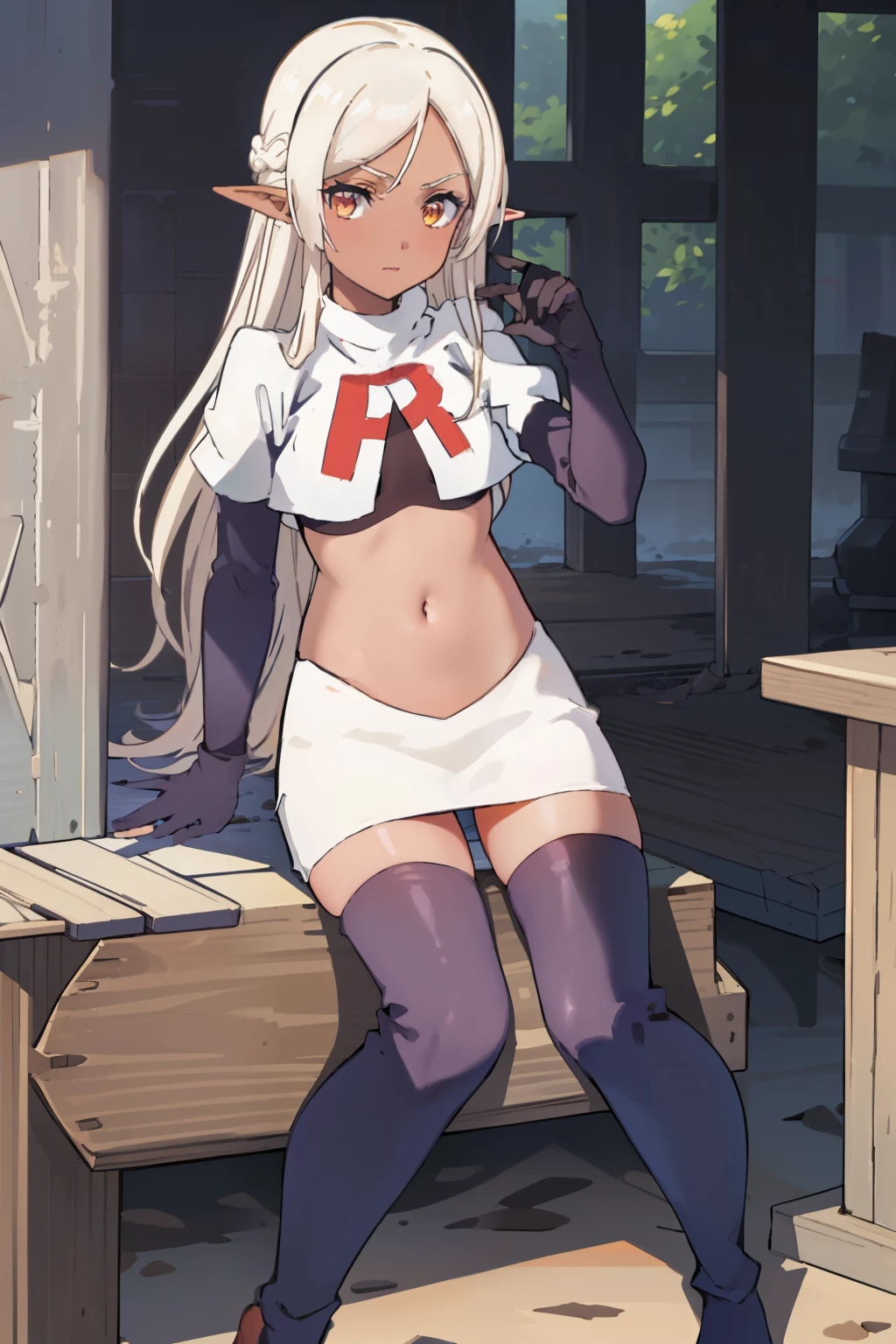 best quality, masterpiece, highly detailed,
yaa,
solo,
dark skin, blonde hair, long hair, orange eyes, pointy ears, hairband, small breasts,
team rocket,team rocket uniform, red letter R, white skirt,white crop top,black thigh-highs,black elbow gloves
looking at the viewer,
outdoors, tree, house, wood