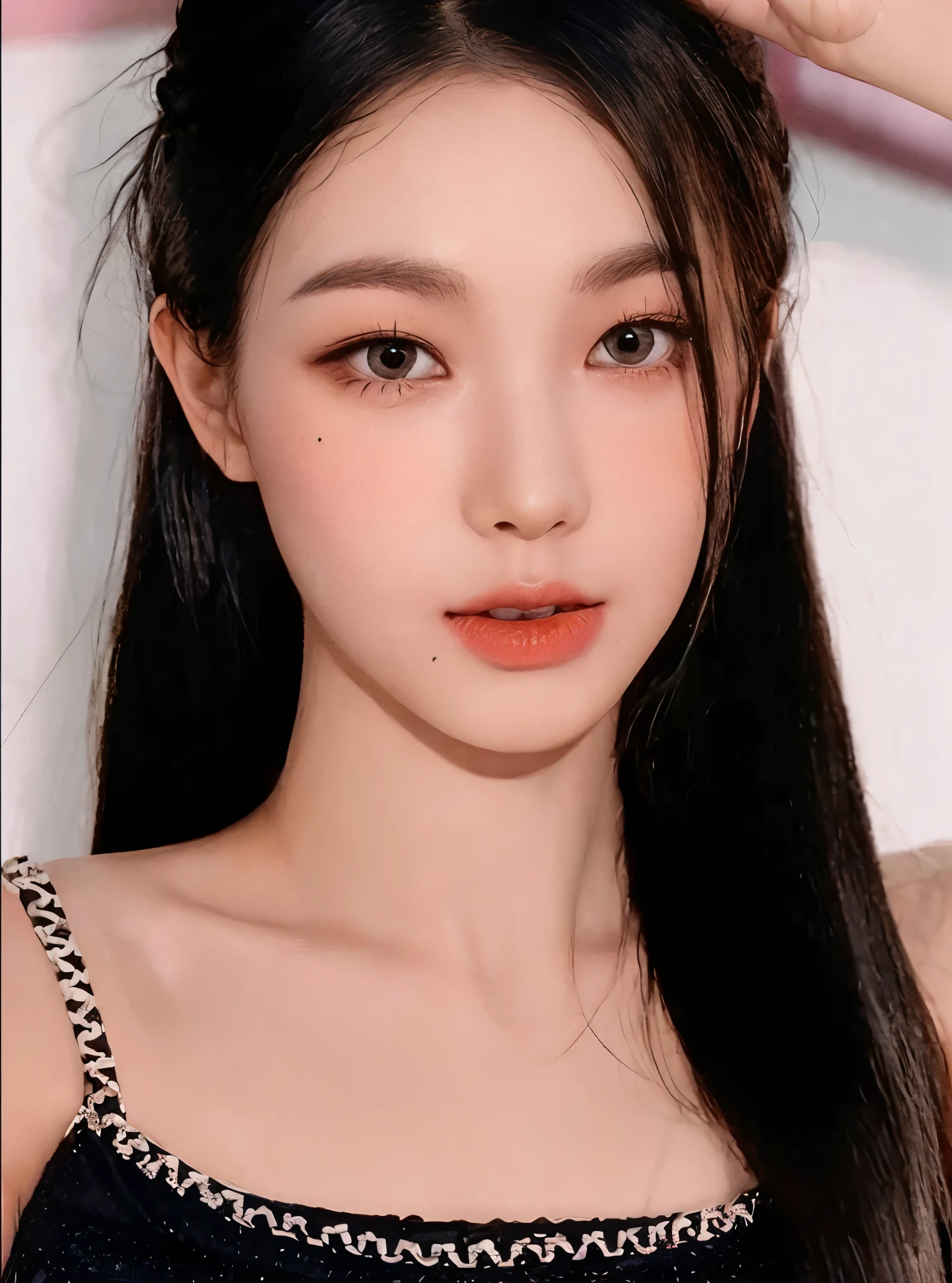 realistic, High resolution 8k, Complete dynamic configuration, Self camera, house interior, Korean woman, 25 years old, very beautiful appearance, slim body, C-cup chest, Beautiful, detailed eyes of average size, (drooping eyes 1.2), (sagging eyebrows 1.2), natural makeup, Long straight hair and gray hair, Vibrant and brightly colored red lips, Random and natural expressions, random common poses, Random Casual Outfits, explicit physical expression,