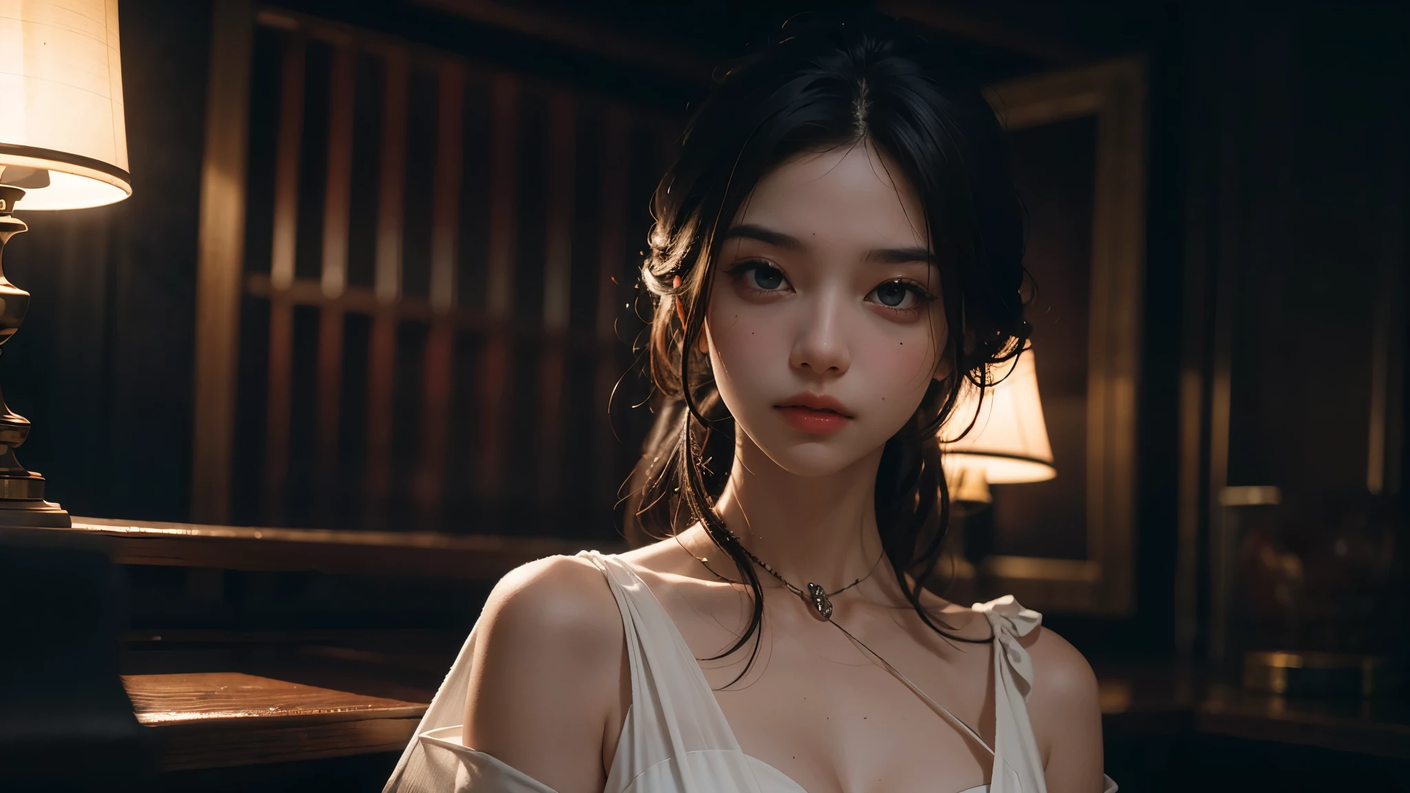 Best quality, masterpiece, ultra high res, (photorealistic:1.4), raw photo, 1girl, white night gown, cinematic lighting, half body view, half body shot