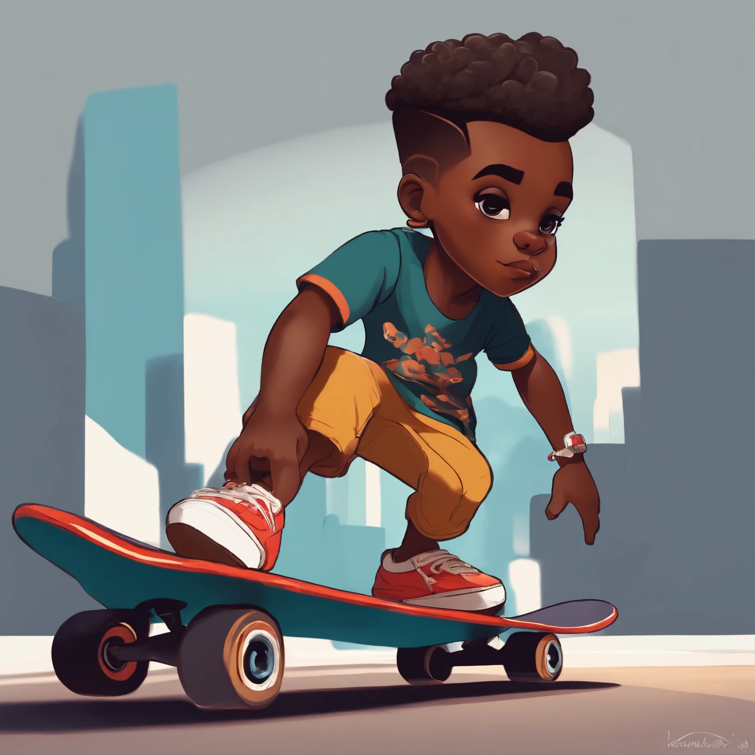 Chibi character of boy with short hair and quiff, dark skin, t-shirt and long pants and sneakers, riding a skateboard, full body (pay attention to body proportions)