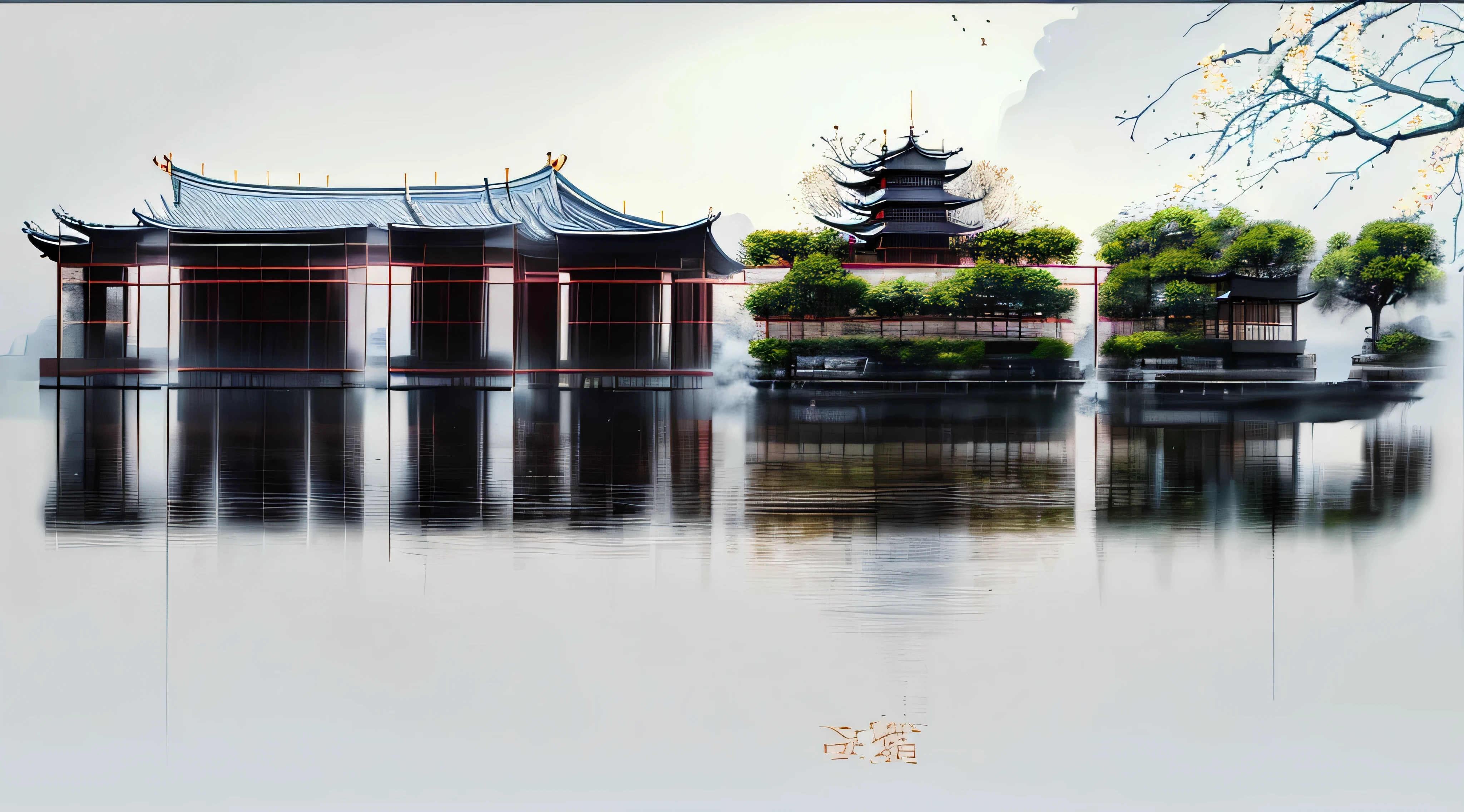 (Depth of field effect) (Ancient Chinese buildings on an isolated island), (tower, building) (pavilion,Miscellaneous trees, cloud, green trees, maple, mangrove, small stone, birdie), Chinese watercolor style, (Chinese painting风格), Chinese landscapes,Chinese traditional watercolor painting,Chinese painting,Watercolor 8K, (reflection), clear boundaries between light and shadow, light and shadow, light and shadow effect, masterpiece,Super details, epic work, ultra high definition, high quality, Very detailed, official art, unified 8k wallpaper, Super details,chiaroscuro.