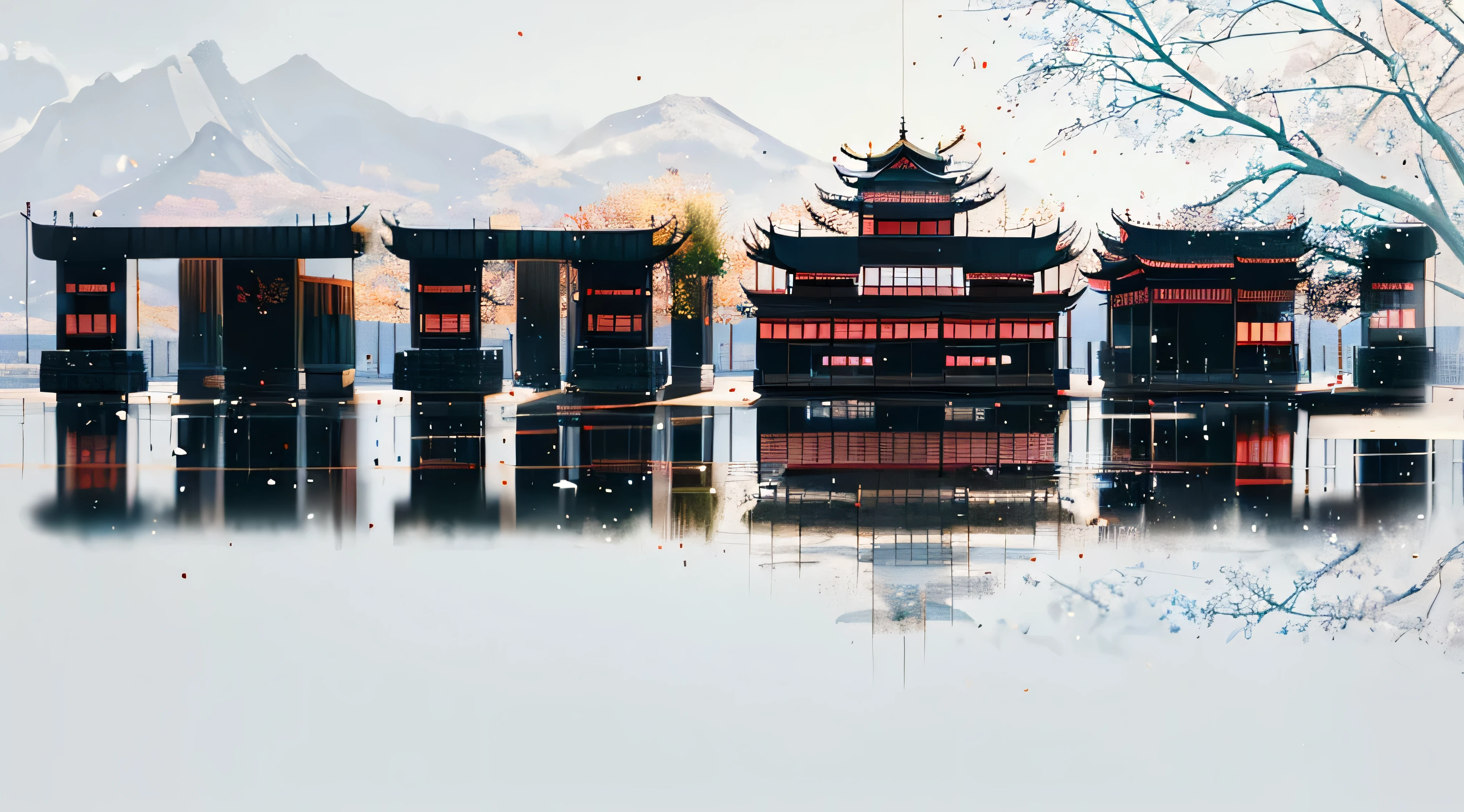 (Depth of field effect) (Ancient Chinese buildings on an isolated island), (tower, building) (pavilion,Miscellaneous trees, cloud, green trees, maple, mangrove, small stone, birdie), Chinese watercolor style, (Chinese painting风格), Chinese landscapes,Chinese traditional watercolor painting,Chinese painting,Watercolor 8K, (reflection), clear boundaries between light and shadow, light and shadow, light and shadow effect, masterpiece,Super details, epic work, ultra high definition, high quality, Very detailed, official art, unified 8k wallpaper, Super details,chiaroscuro.