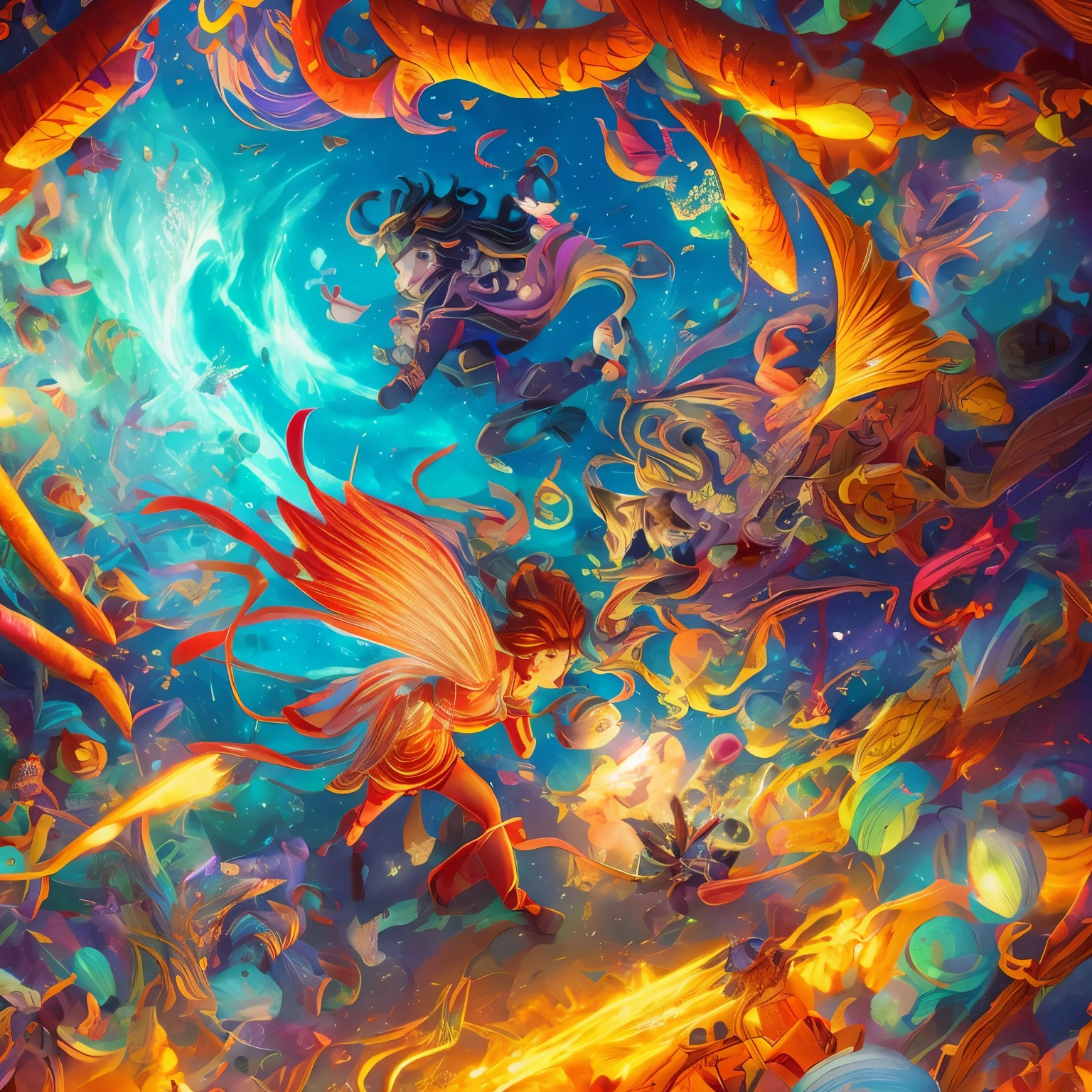 best quality, 32k, RAW photo, incredibly absurdres, extremely detailed, artwork with fluffy fairy-tale characters, pastel colors, motion-blur, action-lines, speed-lines
