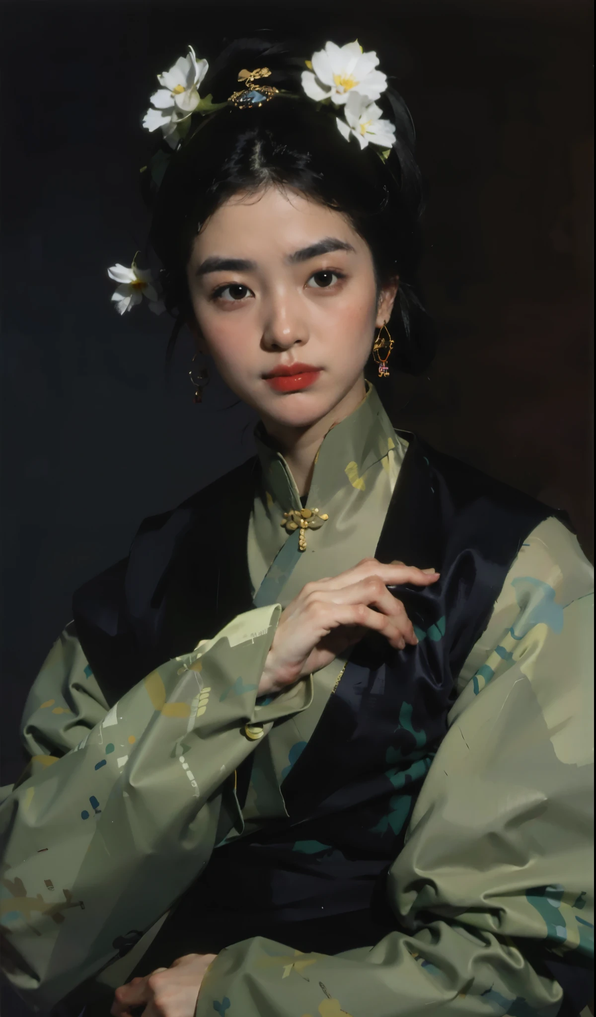 best quality,masterpiece,(painting:1.5),Pan head,hair tied up,Japanese women's hairstyle,Exquisite facial features,delicate and thin eyebrows,eyebrows are very thin,Small mouth,Little mouth,small lips,Headgear,Pan head,hair tied up,Japanese women's hairstyle,asian woman,Ancient Chinese woman,(Amy Sole:0.248),(Stanley Ategg Liu:0.106),(a detailed painting:0.353),(文艺复兴古典painting风格:0.8)
