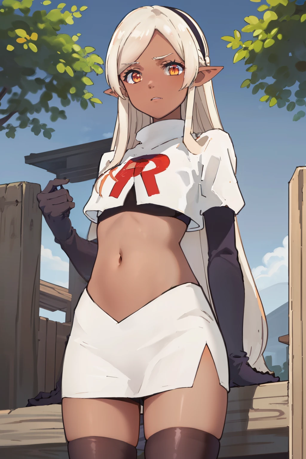 best quality, masterpiece, highly detailed,
yaa,
solo,
dark skin, blonde hair, long hair, orange eyes, pointy ears, hairband, small breasts,
team rocket,team rocket uniform, red letter R, white skirt,white crop top,black thigh-highs,black elbow gloves
looking at the viewer,
outdoors, tree, house, wood