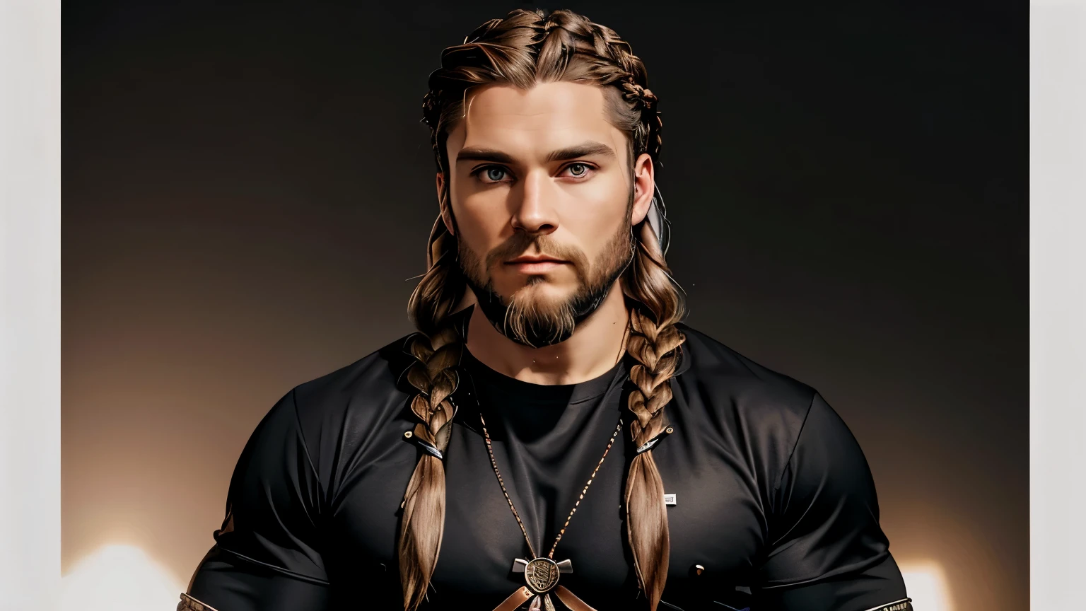 1 male, 27 years old, (long Viking-style braided hair:1.3), Viking beard, wearing a (black long-sleeve tee:1.1), (Mexican descent:1.1), dark-brown hair, facing the viewer, centered towards the viewer, fit, athletic, thick eyebrows