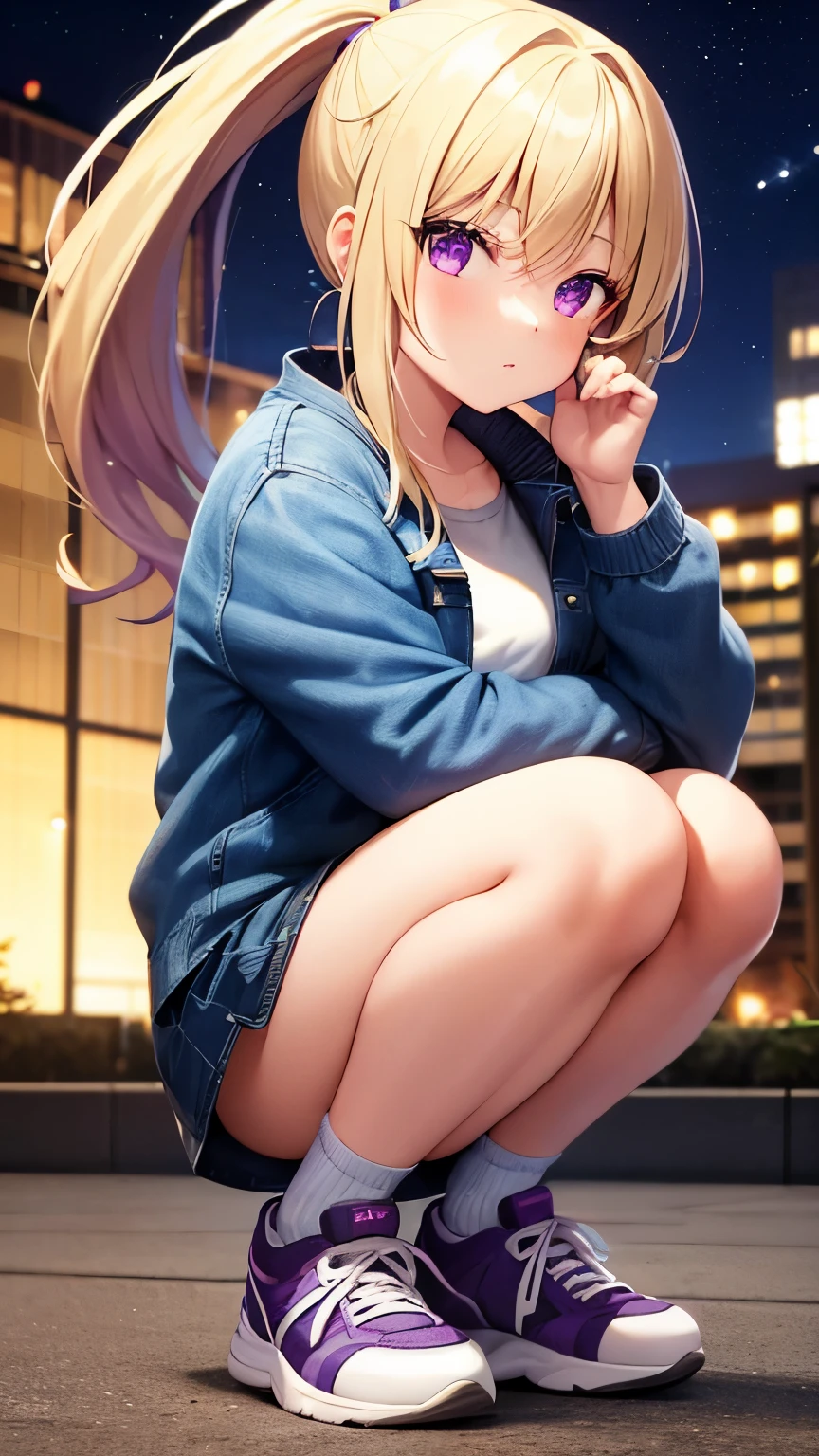 Girl, ponytail hair, blonde hair, purple eyes, cute girl, denim jacket, mini skirt, sneakers, night city