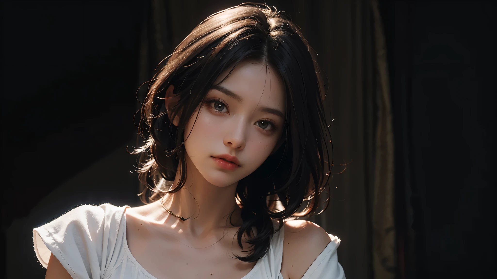 Best quality, masterpiece, ultra high res, (photorealistic:1.4), raw photo, 1girl, white night gown, cinematic lighting, half body view, half body shot