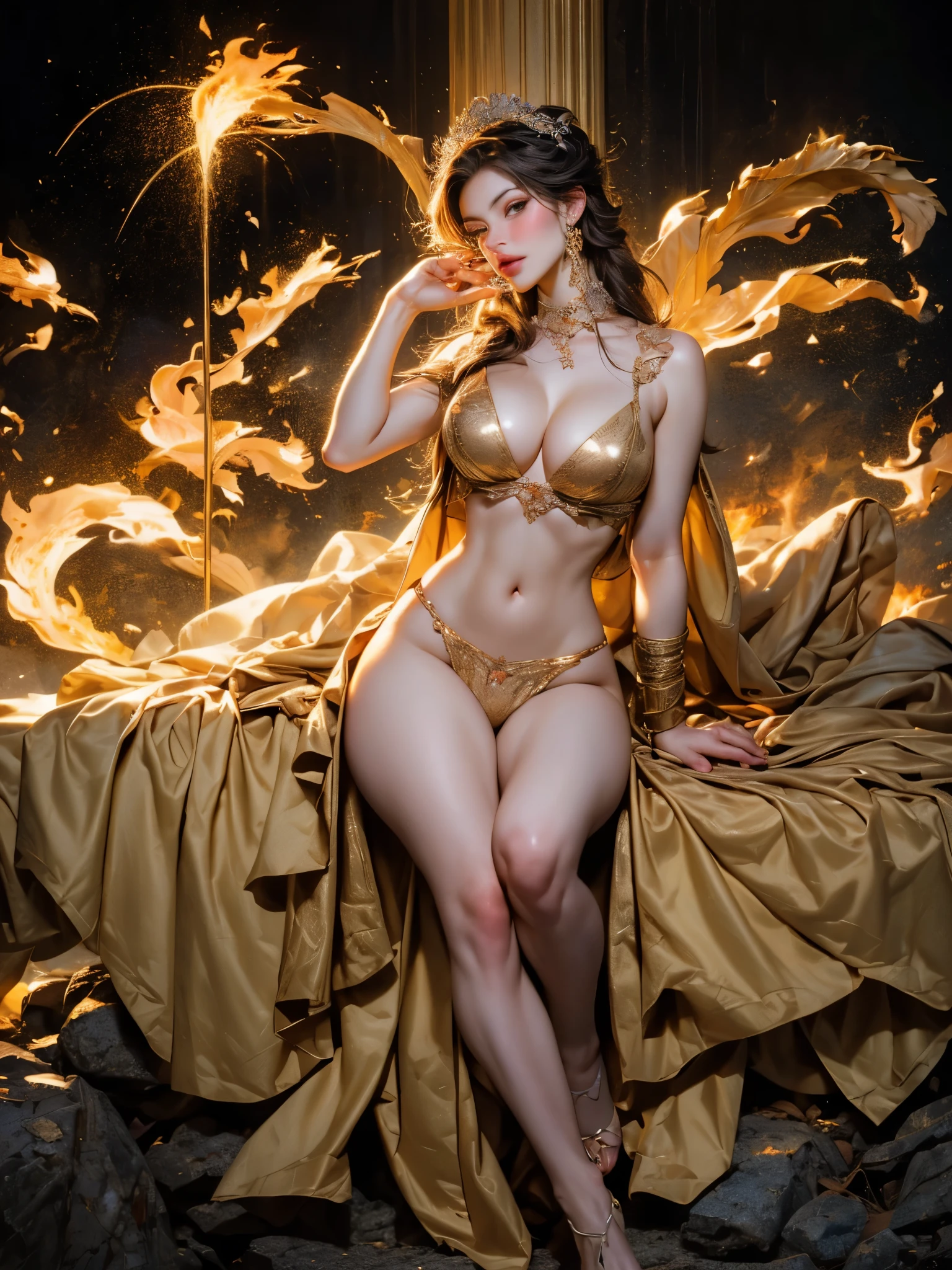 (masterpiece, (human development report:1.5), Beautiful and beautiful:1.2),Depicting the Goddess of War,she is a great giant,she is a lovely princess,Also a powerful warrior,flame,lightning in sky,Mountains in the distance at the top of the mountain,(fire element:1.4),现实的flame,由fire element组成,Highly realistic,correct anatomy,full-body shot,convex,cute big breasts,violent house,,Plum,unsatisfied desire,only genitalia, camel toe,sexy gesture,,sex huge breasts cleavage, onlyfoot,sexy gesture,(wear:Transparent fireproof armor,only ,)1 female,30 years old,married woman,MILF, alone,美丽exquisite eyes,(tangled,mandala,tangled,entangled),divine light,gold foil,gold foil艺术,dark background,marvelous and unbelievable,epic work,(intricate details,Super detailed:1.2),Super real photos, scary, epic reality, faded, ((neutral color)),(pastel colors:1.2), Detailed face, exquisite eyes,surreal, + lens + dynamic composition, Very detailed, sharpen, normal, warm light, Light effect, dramatic light, (intricate details:1.1), complex background, (Greg Rutkowsky:0.8),