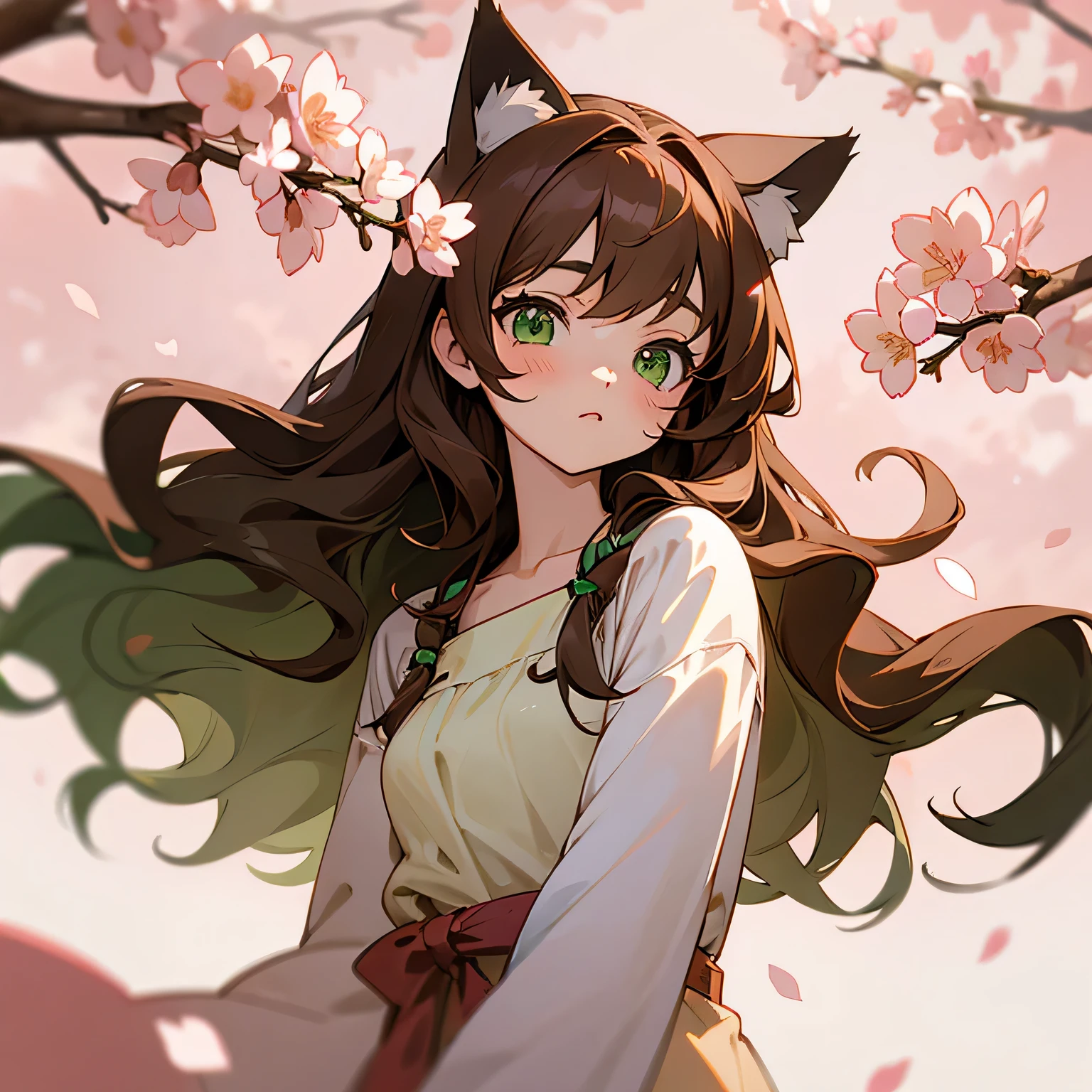 anime girl with cat ears wavy brown hair and green eyes cherry blossom background