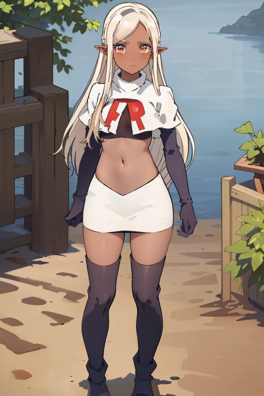 best quality, masterpiece, highly detailed,
yaa,
solo,
dark skin, blonde hair, long hair, orange eyes, pointy ears, hairband, small breasts,
team rocket,team rocket uniform, red letter R, white skirt,white crop top,black thigh-highs,black elbow gloves
looking at the viewer,
outdoors, tree, house, wood