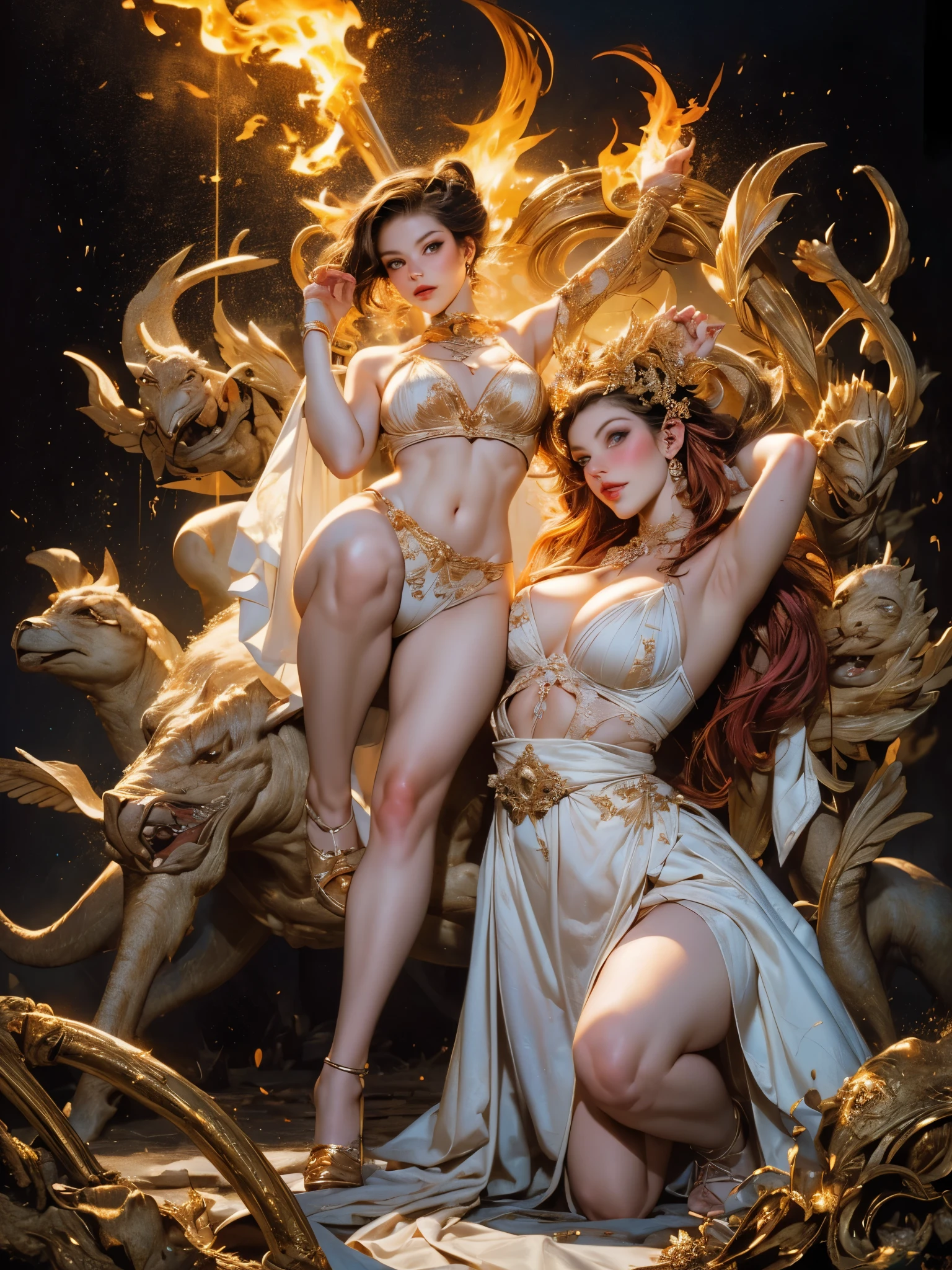 (masterpiece, (human development report:1.5), Beautiful and beautiful:1.2),Depicting the Goddess of War,she is a great giant,she is a lovely princess,Also a powerful warrior,flame,lightning in sky,Mountains in the distance at the top of the mountain,(fire element:1.4),现实的flame,由fire element组成,Highly realistic,correct anatomy,full-body shot,convex,cute big breasts,violent house,,Plum,unsatisfied desire,only genitalia, camel toe,sexy gesture,,sex huge breasts cleavage, onlyfoot,sexy gesture,(wear:Transparent fireproof armor,only ,)1 female,30 years old,married woman,MILF, alone,美丽exquisite eyes,(tangled,mandala,tangled,entangled),divine light,gold foil,gold foil艺术,dark background,marvelous and unbelievable,epic work,(intricate details,Super detailed:1.2),Super real photos, scary, epic reality, faded, ((neutral color)),(pastel colors:1.2), Detailed face, exquisite eyes,surreal, + lens + dynamic composition, Very detailed, sharpen, normal, warm light, Light effect, dramatic light, (intricate details:1.1), complex background, (Greg Rutkowsky:0.8),