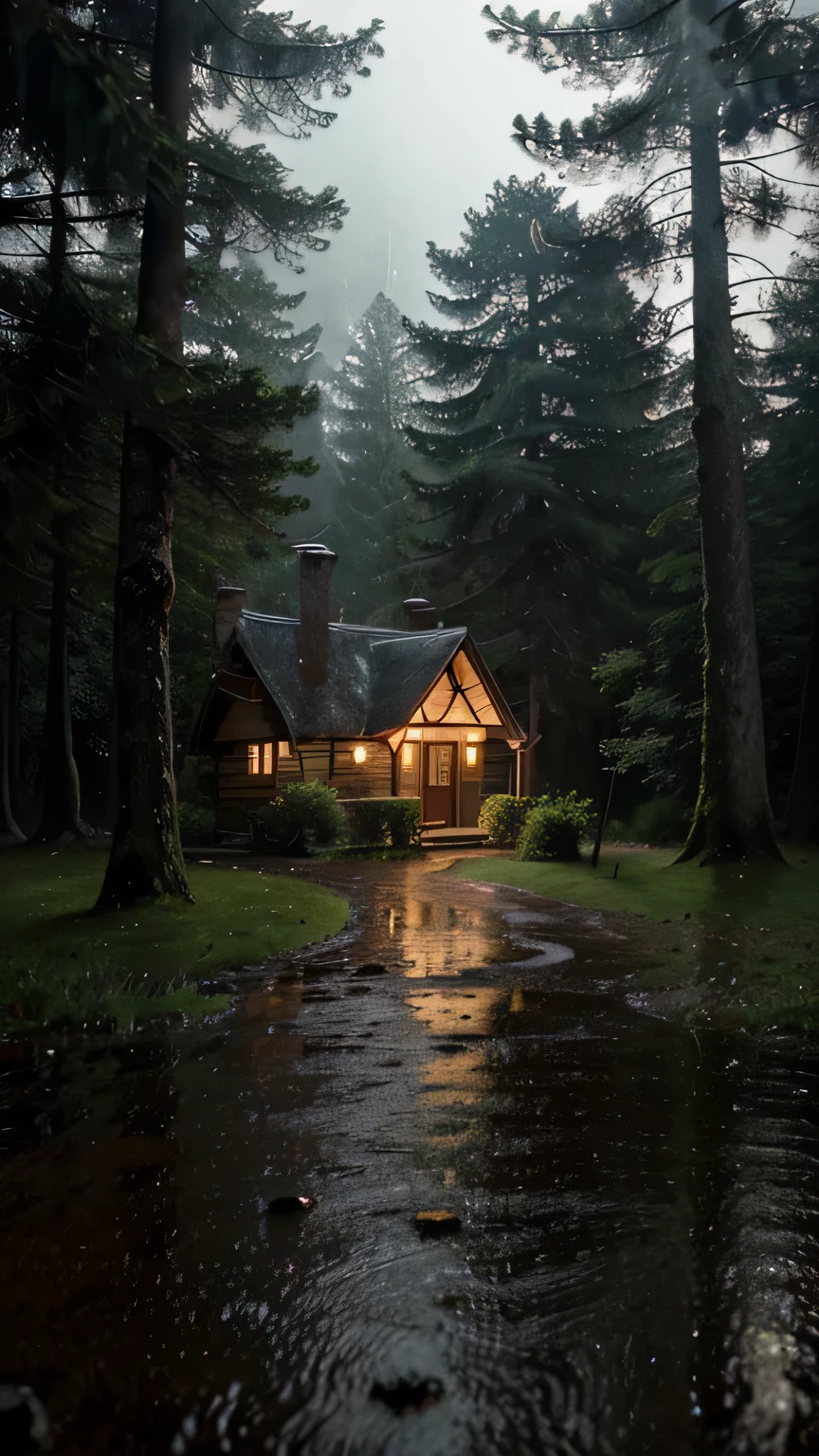 a house in the rain at night, at evening during rain, rainy scene, rainy evening, house in forest, house in the wood, rainy night, beautiful house on a forest path, rainy and gloomy atmosphere, house background, raining at night, gloomy weather. hyperrealistic, rainy weather, cottagecore!!, cottage in the forest, rainy stormy night