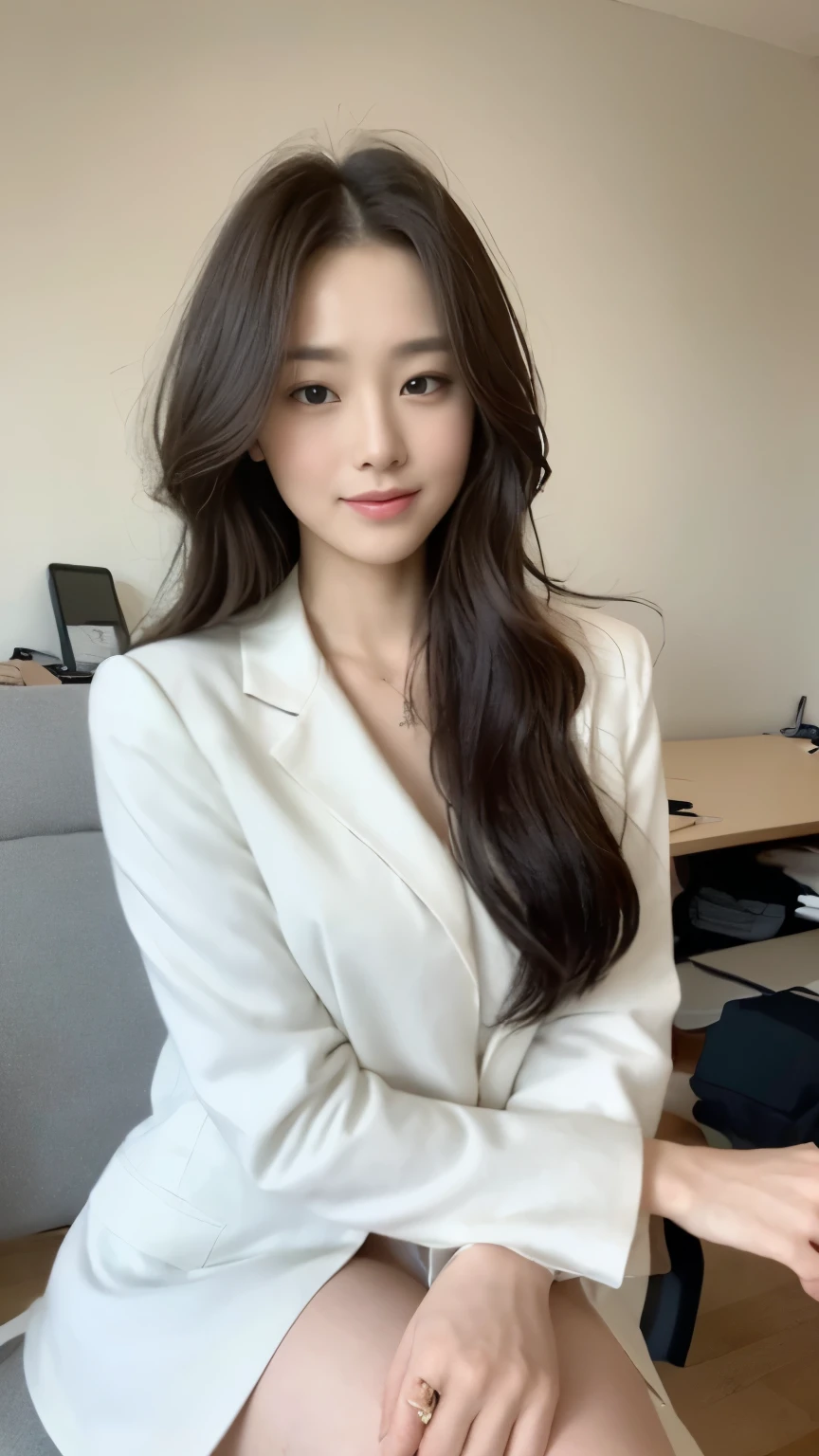 ((top-quality、8k、​masterpiece:1.3))、Beautiful woman with perfect body:1.4、slim abdomen:1.2、Longhair, normal breast, Highly detailed facial and skin texture, A detailed eye, delicate eyes, double eyelid, (smile), (full body shot), ((office)), (sitting on chair), ((wearing wwhite uniform with white coat)), looking in front