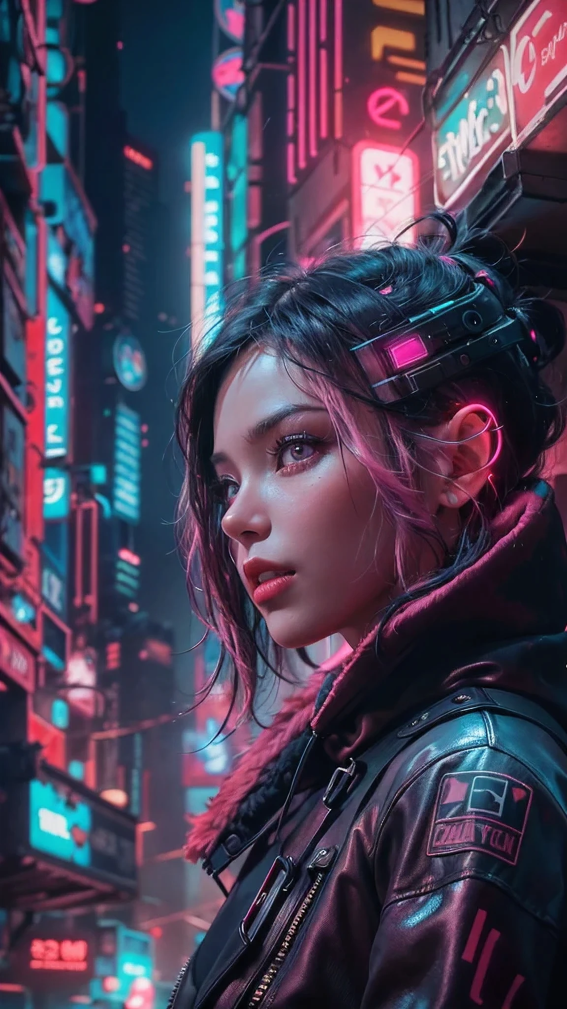 (Top image quality:1.5), (8K picture quality:1.5),(master piece:1.5), (very detailed image textures:1.5), (cyber punk perssonage),(beautiful effects), (vibrant colors), (detailed face),(detailed hair), (detailed eyes), (cyberpunk cityscape:1.4), (cyberpunk city landscape:1.5),vivid colors, cinematic lights, cinema shadows, sharp image, bright sprites, (pink neon lights:1.5),flashing red, lightparticle effects, 1 female, 28 years old, (beautiful:1.4), brunette hair,(dark hair:1.3+pink hair:1.2), (cyberpunk style, shiny cyberpunk hood on military uniform:1.5), (confident smile:1.2), (photo from bottom up),