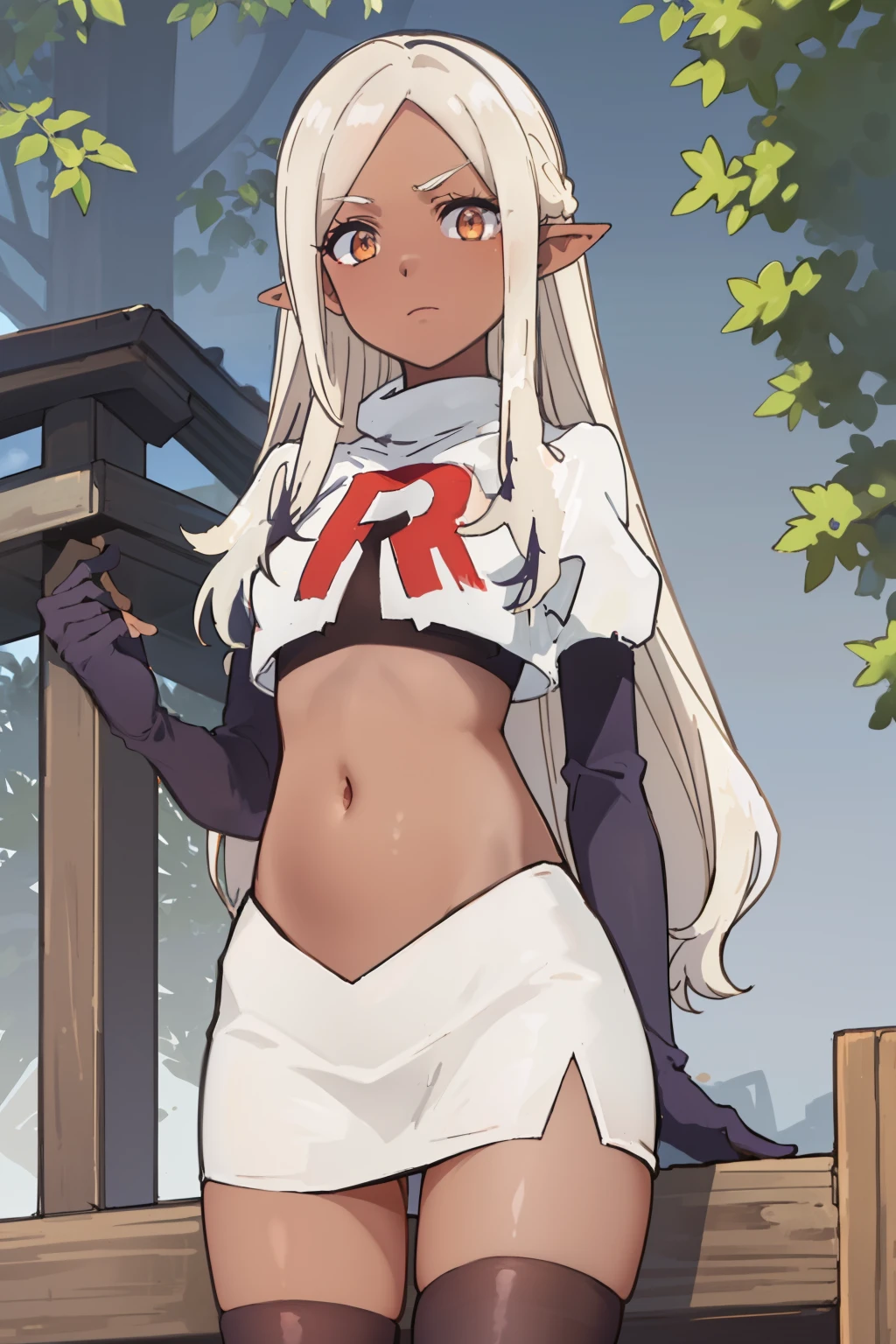 best quality, masterpiece, highly detailed,
yaa,
solo,
dark skin, blonde hair, long hair, orange eyes, pointy ears, hairband, small breasts,
team rocket,team rocket uniform, red letter R, white skirt,white crop top,black thigh-highs,black elbow gloves
looking at the viewer,
outdoors, tree, house, wood
