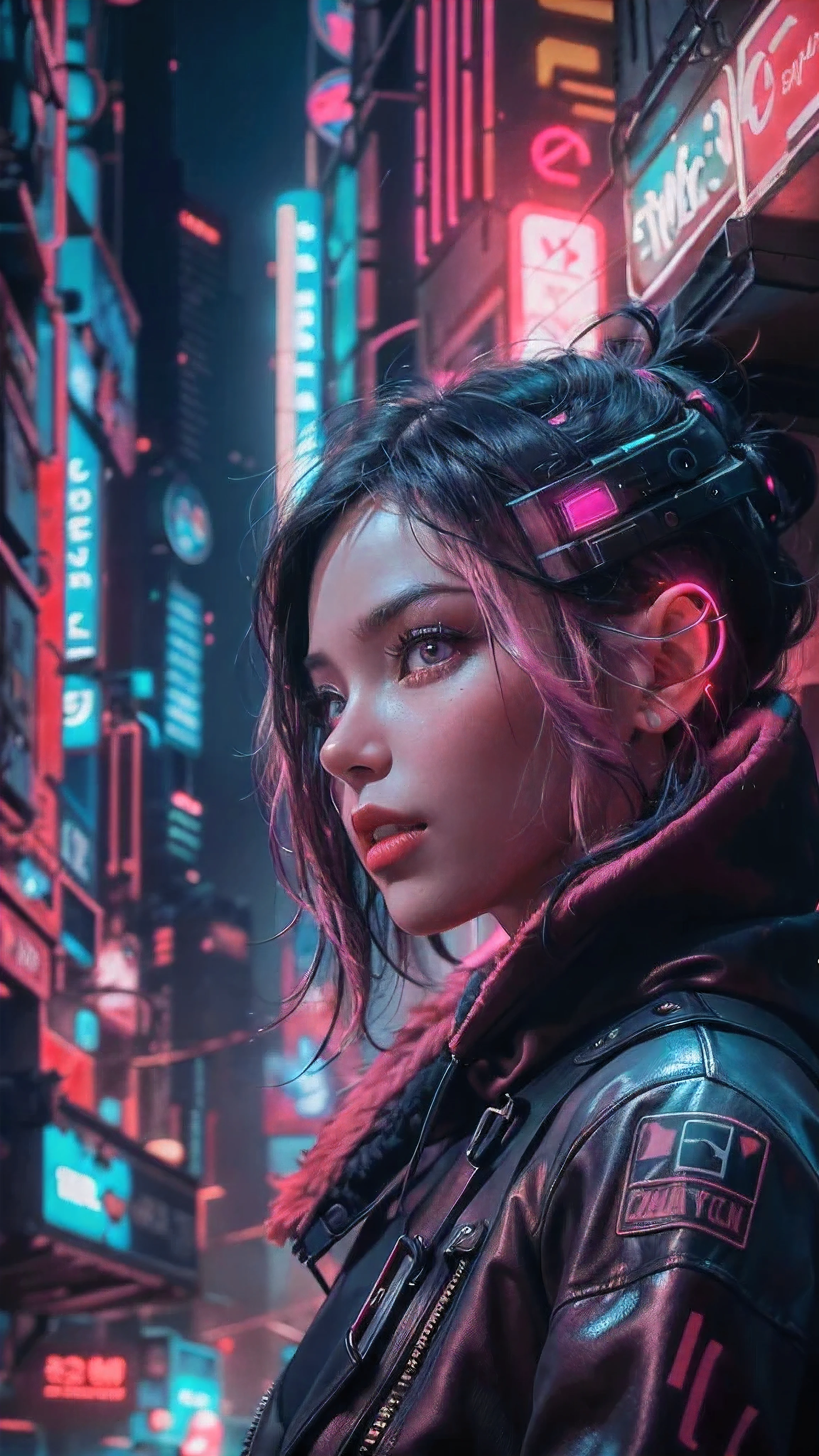(Top image quality:1.5), (8K picture quality:1.5),(master piece:1.5), (very detailed image textures:1.5), (cyber punk perssonage),(beautiful effects), (vibrant colors), (detailed face),(detailed hair), (detailed eyes), (cyberpunk cityscape:1.4), (cyberpunk city landscape:1.5),vivid colors, cinematic lights, cinema shadows, sharp image, bright sprites, (pink neon lights:1.5),flashing red, lightparticle effects, 1 female, 28 years old, (beautiful:1.4), brunette hair,(dark hair:1.3+pink hair:1.2), (cyberpunk style, shiny cyberpunk hood on military uniform:1.5), (confident smile:1.2), (photo from bottom up),