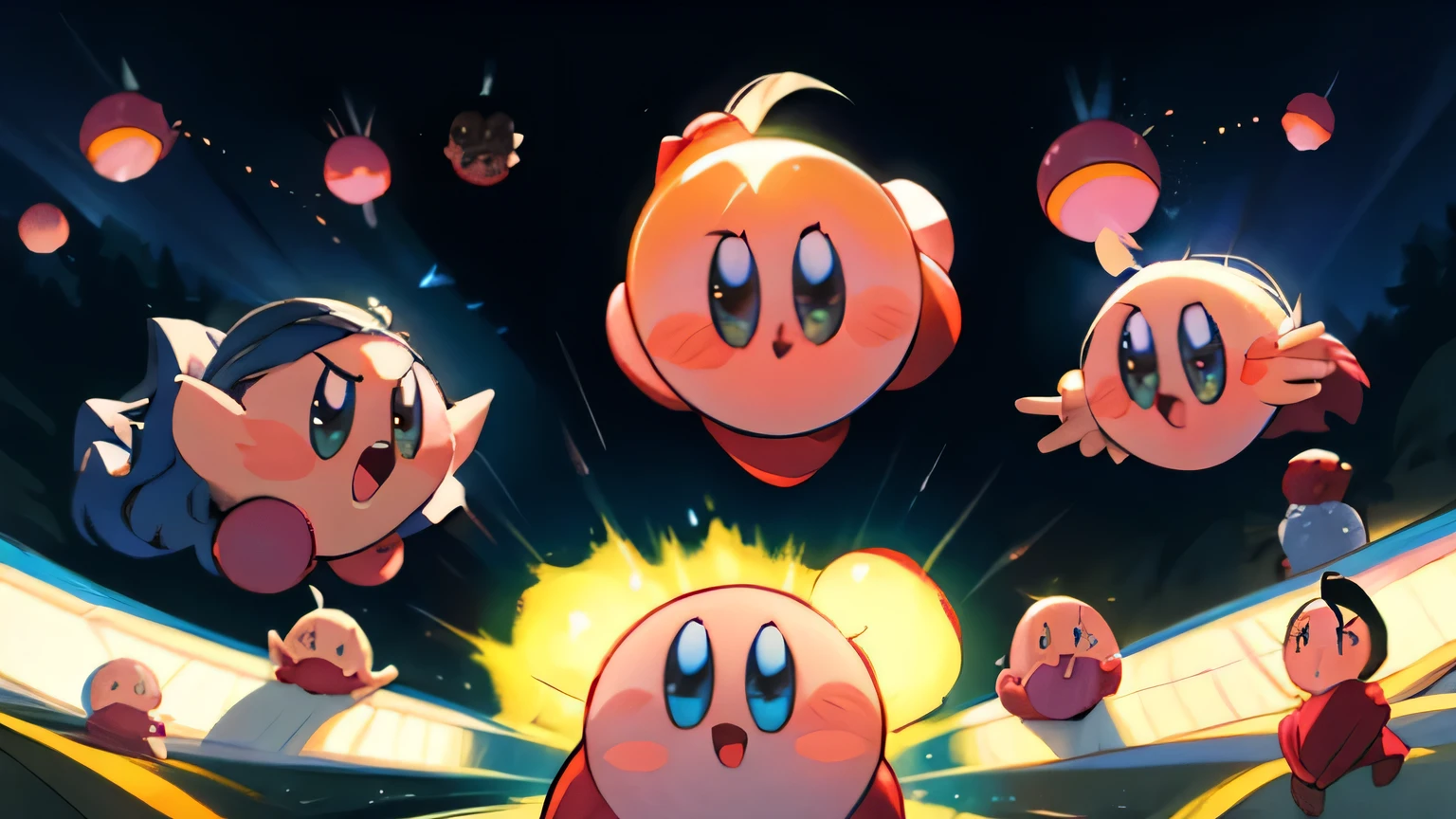 A group of Kirbys playing together，Many Kirbys playing together，illustration