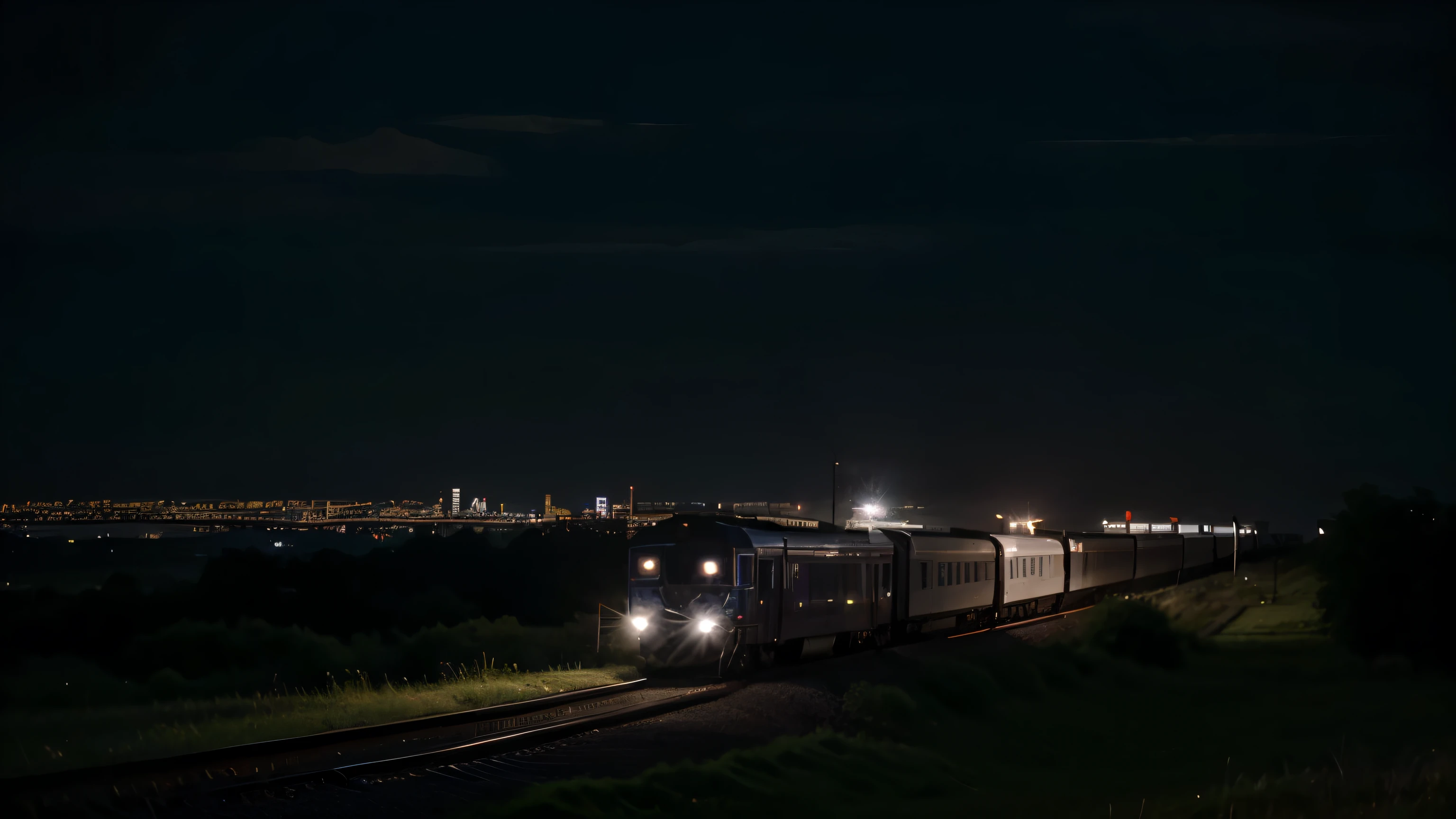 Night train travel: The train winds through the countryside under cover of darkness., along with the occasional distant city lights..
