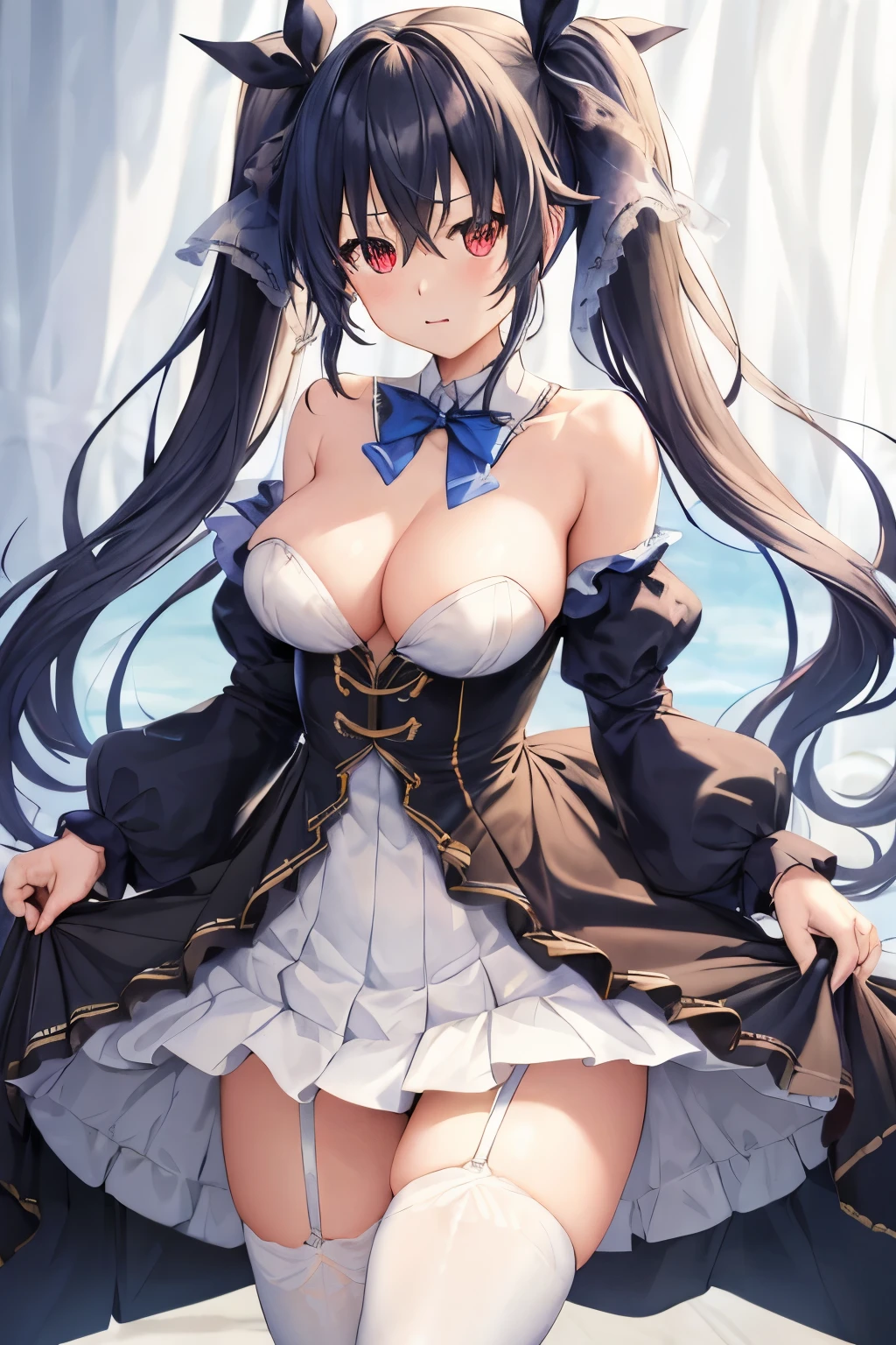 (masterpiece, highest quality:1.2),figure,8k,hd,1 girl,alone,cowboy shot,medium breasts,twin tails,Neptune (series),black (Neptune series),very long hair,skirt,white skirt,pleated skirt,cleavage,bangs,bare shoulders,black dress,blackい靴,black髪,blue bow,Thighhighs,blue bowtie,blue ribbon,bow,bowtie,brooch,button,removed collar,hair ornaments,removed sleeve,dress,eyebrows visible through hair,frills袖,frills,garter strap,white dress,gold trim,hair between eyes,hair ribbon,hold hair,jewelry,colorful clothes,multicolored dress,red eyes,ribbon,short dress,strapless,strapless dress,thigh boots,twin tails,zettai ryouiki,buran buta,