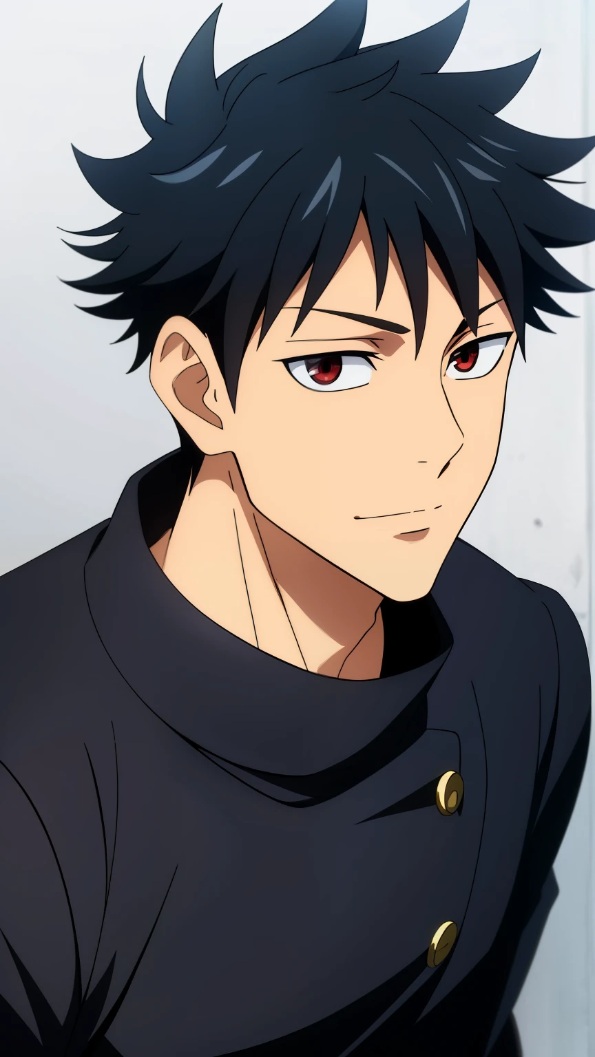 (high-quality, breathtaking),(expressive eyes, perfect face) 1boy, male, solo, teenager, black hair, red eye color, medium hair length, looking at viewer, half body, bright smile, kind face, calm expression, tanned skin, dark black blue long sleeved shirt, collared shirt, dark black blue pants, jujutsu kaisen uniform, jujutsu high school uniform, wavy hair, grey background, portrait
