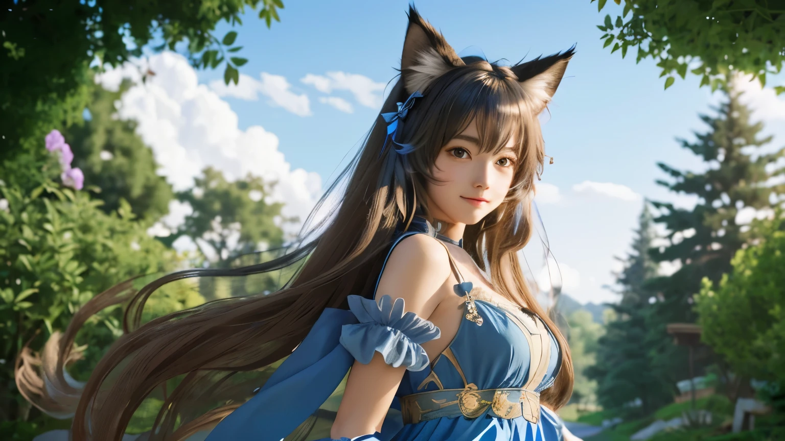 there is a woman in a blue dress with long hair, attractive cat girl, beautiful anime catgirl, anime highly detailed, beautiful young catgirl, very beautiful anime cat girl, holo is a wolf girl, realistic anime 3 d style, anime catgirl, anime girl with cat ears, kitsune inspired armor, 3 d anime realistic