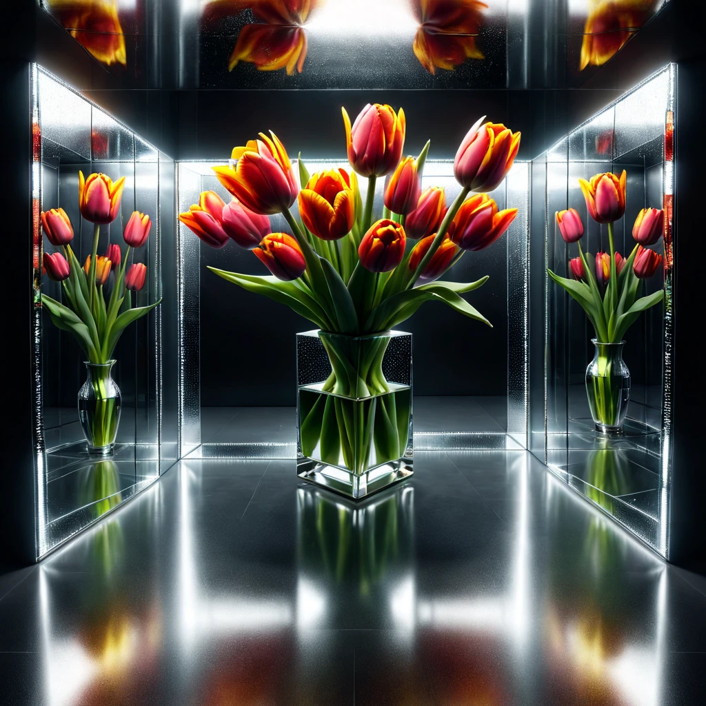 Reflective Art .Inside the cube with mirrored walls there is a vase with Five tulips. Flowers are reflected in all the mirrors. The focus of the shooting is on reflections. octane rendering. High Resolution, High Quality, Masterpiece