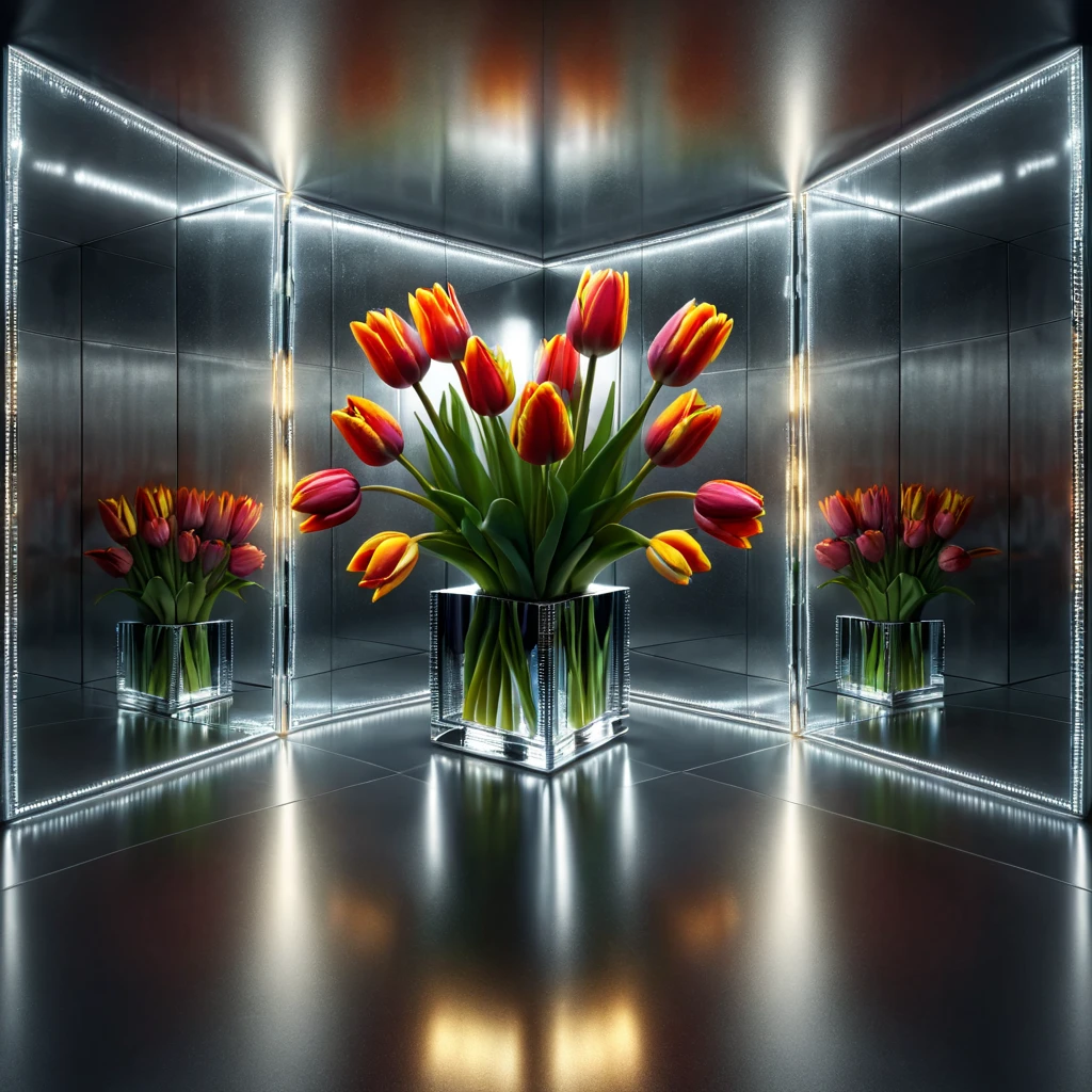 Reflective Art .Inside the cube with mirrored walls there is a vase with Five tulips. Flowers are reflected in all the mirrors. The focus of the shooting is on reflections. octane rendering. High Resolution, High Quality, Masterpiece