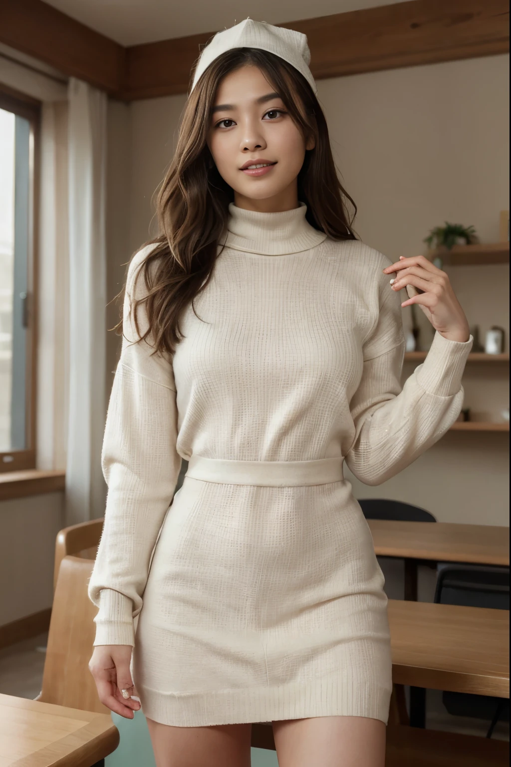 top-quality:1.3, masterpiece, hight resolution,［1 girl in], {solo}, Raw photo, Real person, high contrast, (Imada Mio:0.9), (Jisoo:0.5), Photos of young Japanese women named Haruka Xuan Anh, 30 years old, Pose in the room, tedium, mascara, ,(Textured skin, Skin pores:1.1), (Mole:0.8), (Imperfect skin:1.1) intricate detailes, goose bumps, face perfect, (hitornfreckles:0.9), ((Photorealsitic):1.1), (Unripe, 8K:1.2), murky, Subdued Color,、Detailed skin, ((long brown soft waves hair: 1.0)), faint thin bangs, brown hair, hair light, with hair clip,   (Mint Fitted Long Sleeve Mock Neck Rib Knit Mini Dress:1.2), double eyelids, standing in front of the table, working office background, brown eyes, attractive lips, stunningly beautiful, stunningly gorgeous, ((slim body)), Beautiful , Pale skin , Soft redish skin, Perfect round lips, big smile, open mouth, cheerful, confident, 