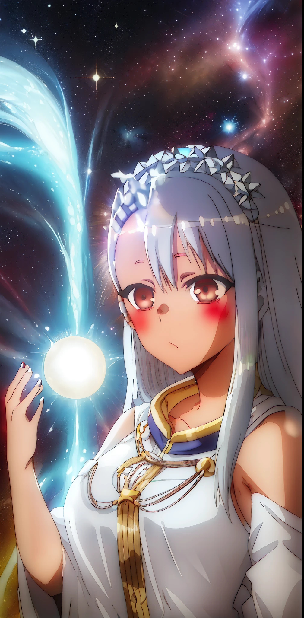 Nagatoro Hayase, bright white hair, pale skin, bright red eyes, white robe, straight white horns on his head, cosmic Nagatoro, alien goddess, cosmic goddess, astral goddess, cosmic space, cosmic body, Nagatoro holding a galaxy with one hand