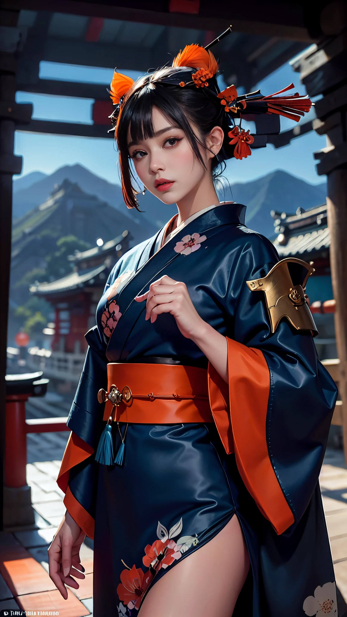 (La mejor calidad,A high resolution,Ultra - detallado,actual),Ariana Grande kimono , (onmyoji:1.4) ,(mujer japonesa:1.4) , hiperdetalle, warm tones, detalles intrincados, volumetric, arte de Iliya Kuvshinov, unos ojos deslumbrantes, More detailed 8K.motor irreal:1.4,UHD,La mejor calidad:1.4, fotorrealista:1.4, textura de la piel:1.4, obra maestra:1.8,obra-prima, mejor calidad,objeto Objeto], (detailed face features:1.3),(Las proporciones correctas),(Ojos hermosos azules),  (pose vaquero), (kimono orange :1.4), (dedos detailed :1.4), (estilo kawaii),( ancient japanese temple background :1.4), (perfect anatomy) 