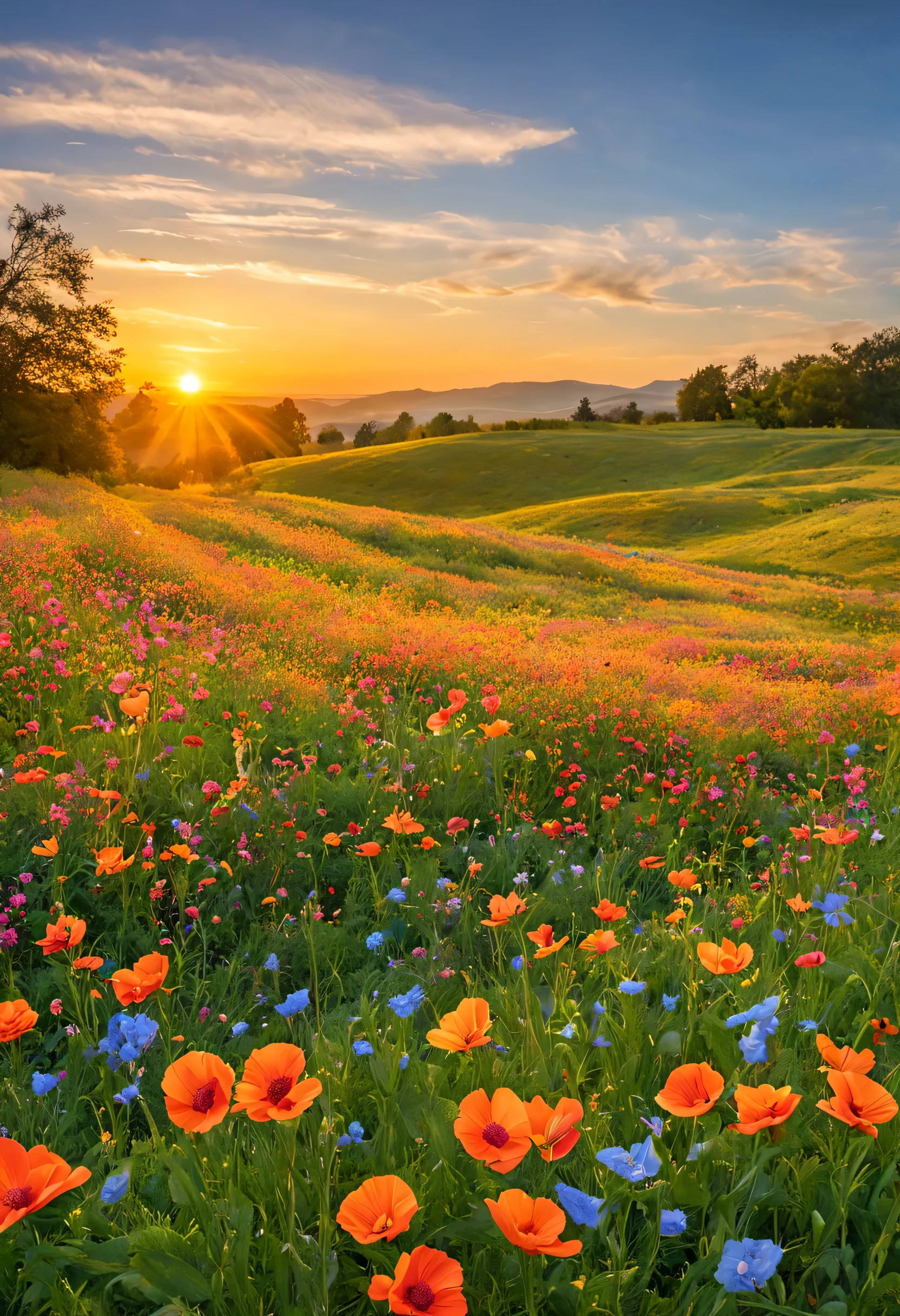 Imagine a serene rolling meadow, stretching as far as the eye can see. The sun is shining brightly in a clear blue sky, casting a warm golden glow over the landscape. The meadow is alive with a sea of multicolored flowers, each petal a vibrant hue of reds, oranges, yellows, blues, and purples. Bees buzz lazily from bloom to bloom, and butterflies flit gracefully through the air. In the distance, gentle hills rise and fall, adding to the peaceful and idyllic scene. Capture the essence of this picturesque meadow with its kaleidoscope of colors and the tranquility it evokes.
