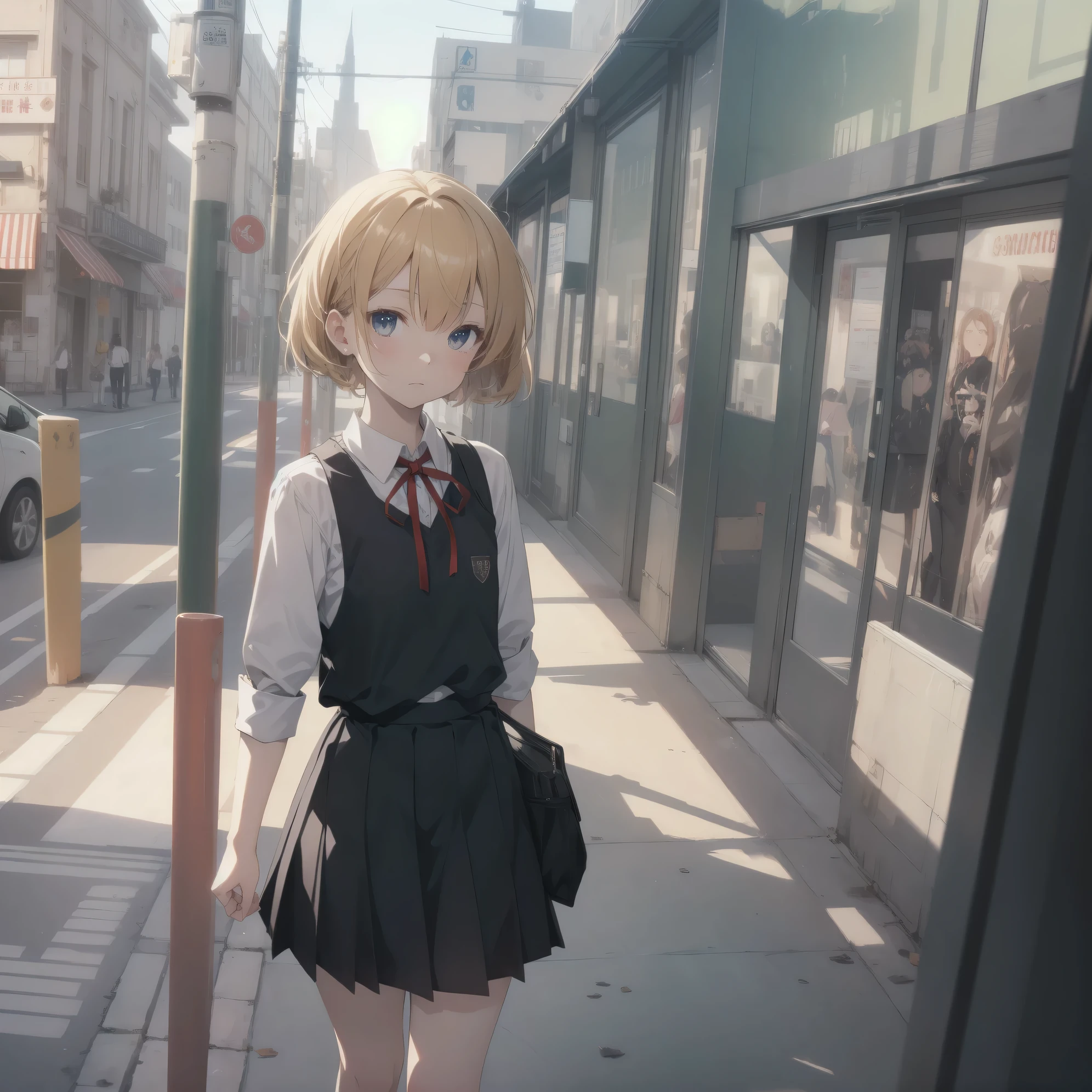 Super absurd quality by the god of art, super detailed, High resolution, anime moe art style, Best Anime 8K Kona-chan Wallpaper, pixiv contest winner, perfect anatomy, break,(眠そうにalone学校へ行く女の子を描いてください. )break,1 girl, (alone,little woman, baby face, 13 years old:1.3),All limbs, full finger,, The charm of an immature body, (very_short hair), bangs, flat chest, Small Bodysuits, small ass, between legs, small black eyes, detailed and beautiful eyes, Well-proportioned iris and pupils, expressive eyes, sleepy eyes, High resolutionの詳細な髪, hair grip, neck ribbon, skirt, collared shirt,  pleated skirt, school uniform, school bag,(detailed lighting), (detailed background), On the way to school. break,super dense skin, Best movie lighting by famous artists, 8k,cute illustration,photoshop_(Moderate),Absurd Hi-Res,Hmm,rough skin